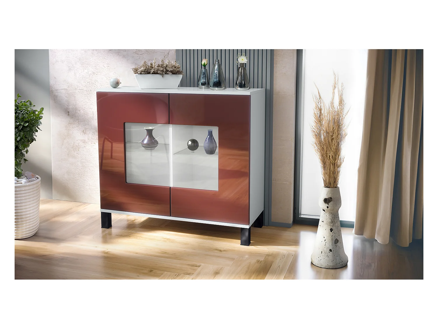 Cómoda Grömitz V3, Moderno armario de cocina con 2 grandes puertas de cristal blanco mate / burdeos de alto brillo (92,5 x 84.5 x 35)