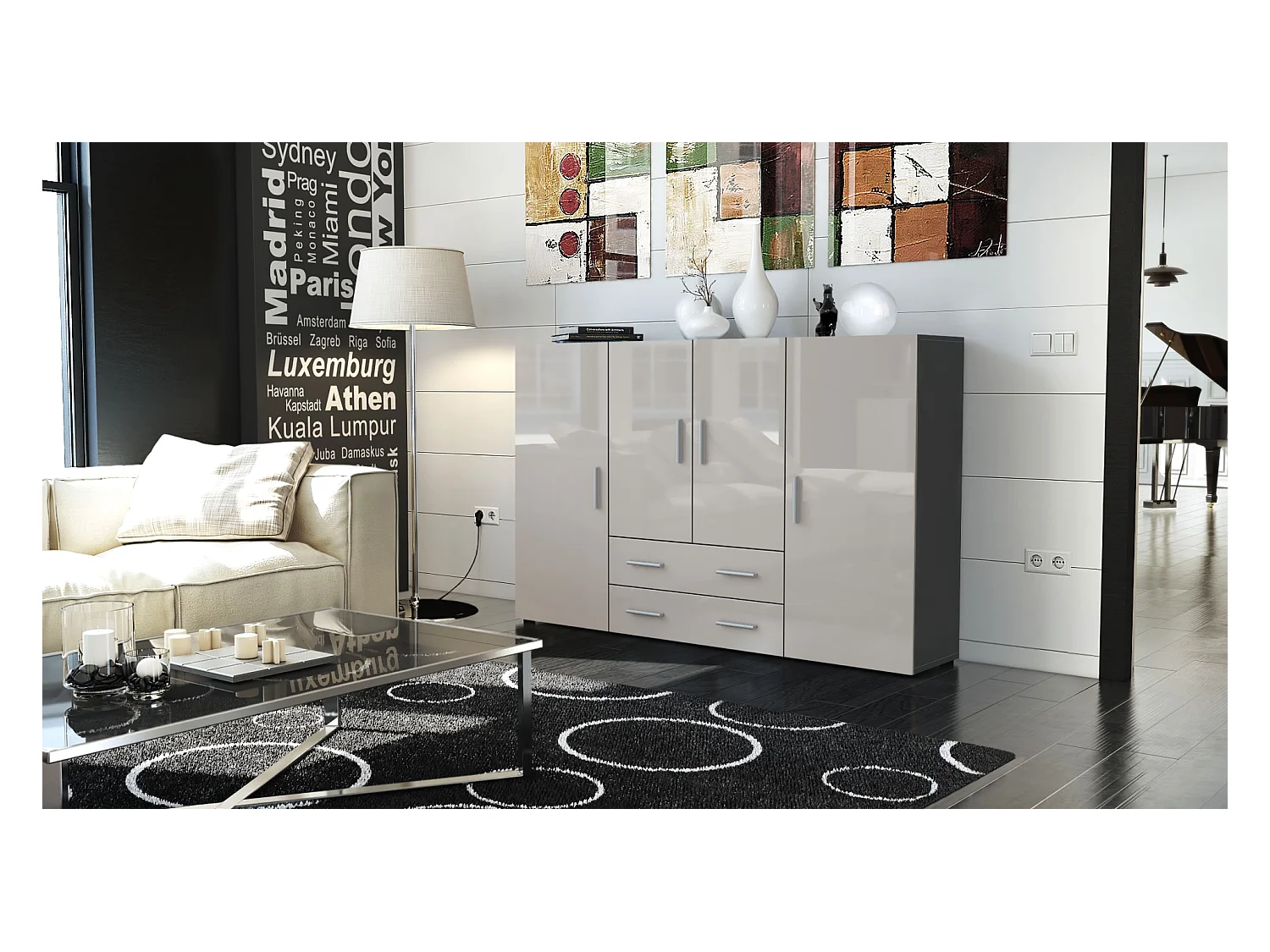 Le Buffet Haut Nora bahut avec 2 tiroirs et 4 portes avec un total de 8 compartiments derrière, anthracite mat/gris sable haute brillance (166,5 x 106,5 x 35 cm)