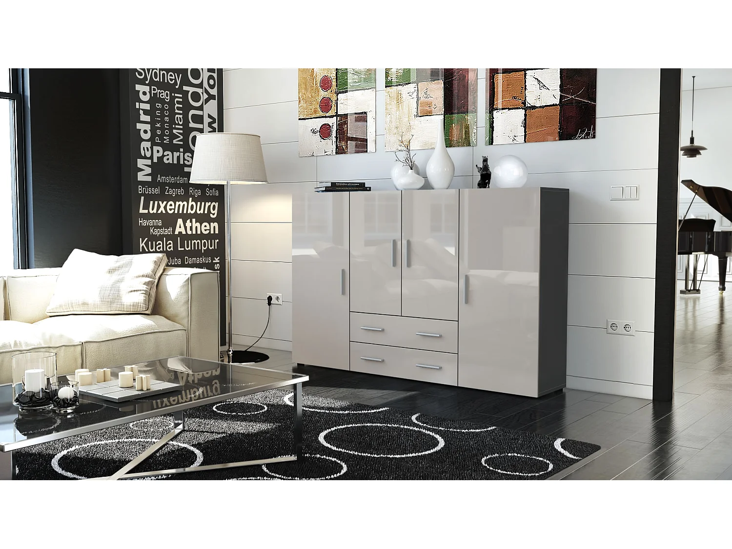 Highboard Nora Sideboard with 2 drawers and 4 doors with a total of 8 compartments behind, antracite opaco /grigio sabbia lucido (166.5 x 106.5 x 35 cm)