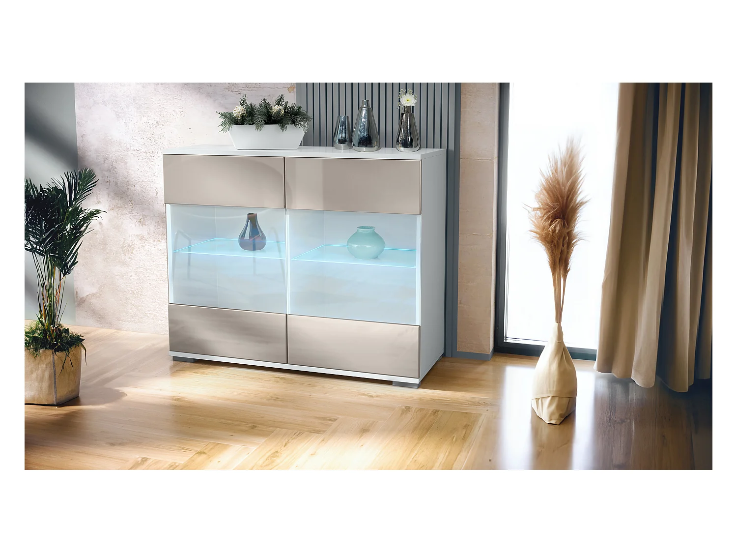 Commode Bari V3, Armoire de cuisine moderne avec 2 grandes portes vitrées incl. éclairage RGB blanc mat / gris sable haute brillance (92,5 x 75.5 x 35)