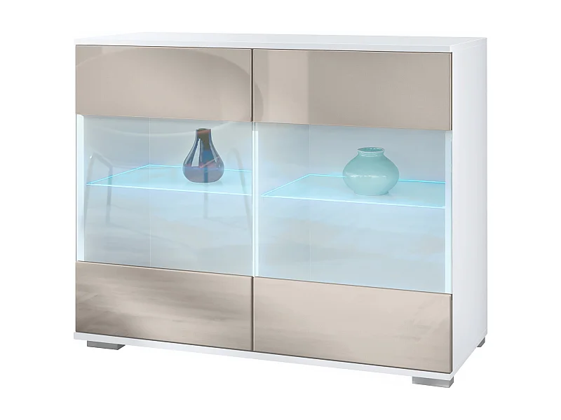 Cassettiera Bari V3, Mobile da cucina moderno con 2 grandi ante in vetro incl. illuminazione RGB bianco opaco / grigio sabbia lucido (92,5 x 75.5 x 35)