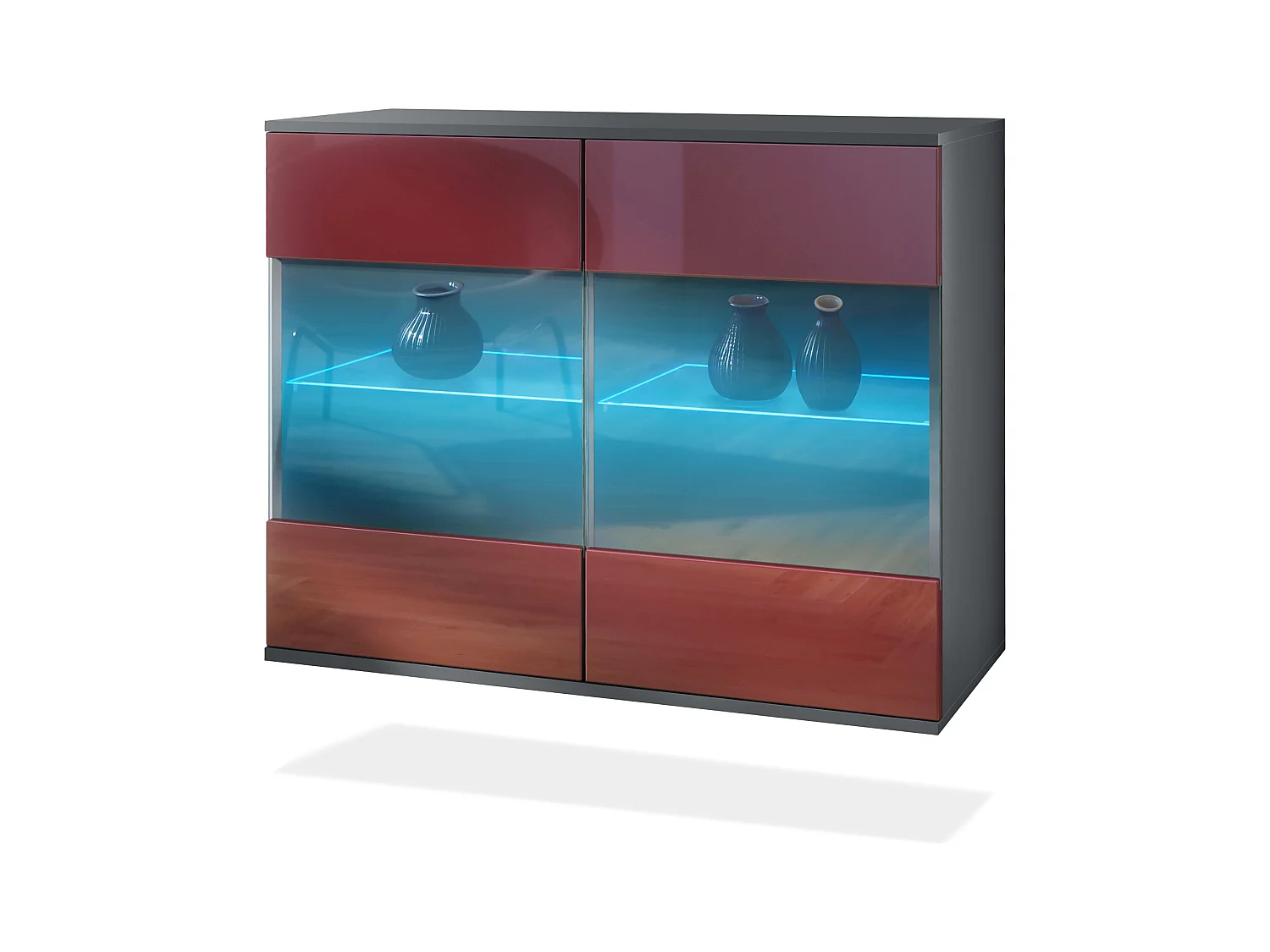 Commode Bari V3, Armoire de cuisine moderne avec 2 grandes portes vitrées incl. éclairage RGB anthracite mat / bordeaux haute brillance (92,5 x 73.5 x 35)