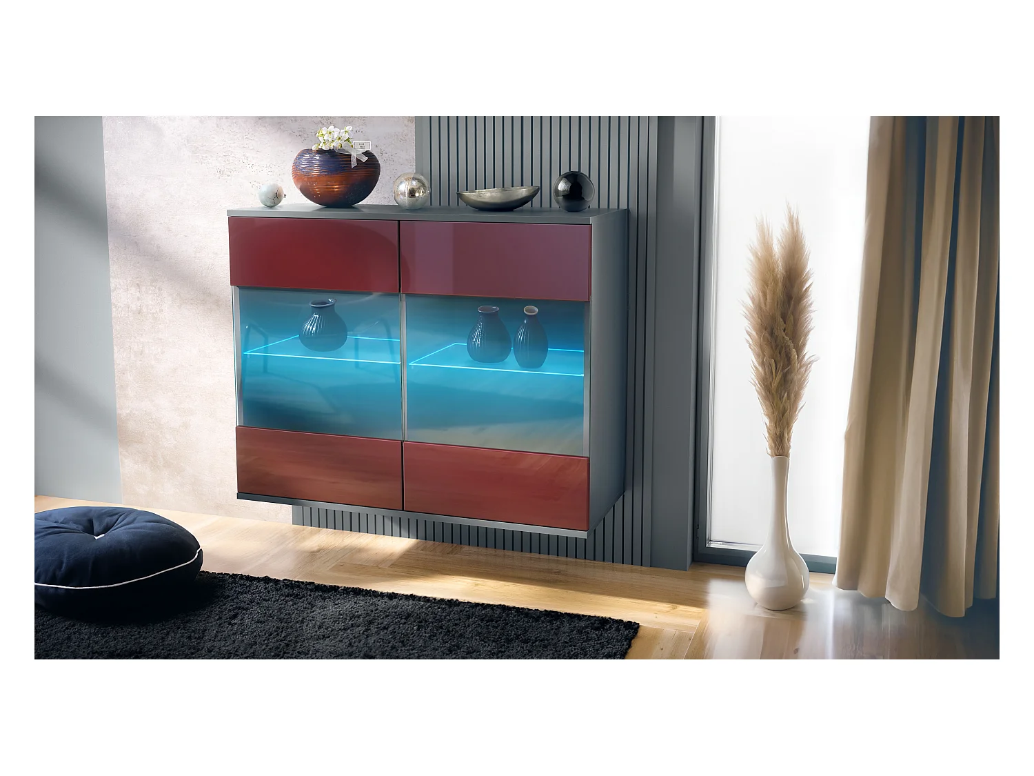 Commode Bari V3, Armoire de cuisine moderne avec 2 grandes portes vitrées incl. éclairage RGB anthracite mat / bordeaux haute brillance (92,5 x 73.5 x 35)