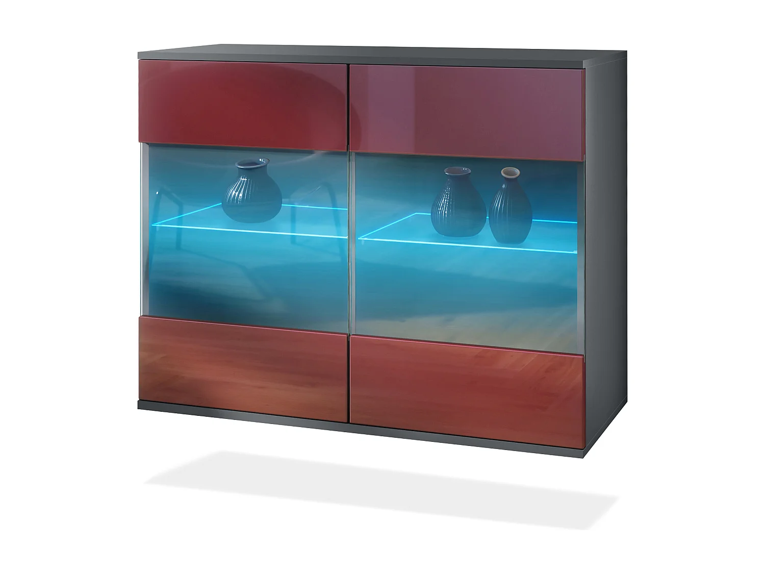 Cómoda Bari V3, Moderno armario de cocina con 2 grandes puertas de cristal incl. iluminación RGB antracita mate / burdeos de alto brillo (92,5 x 73.5 x 35)