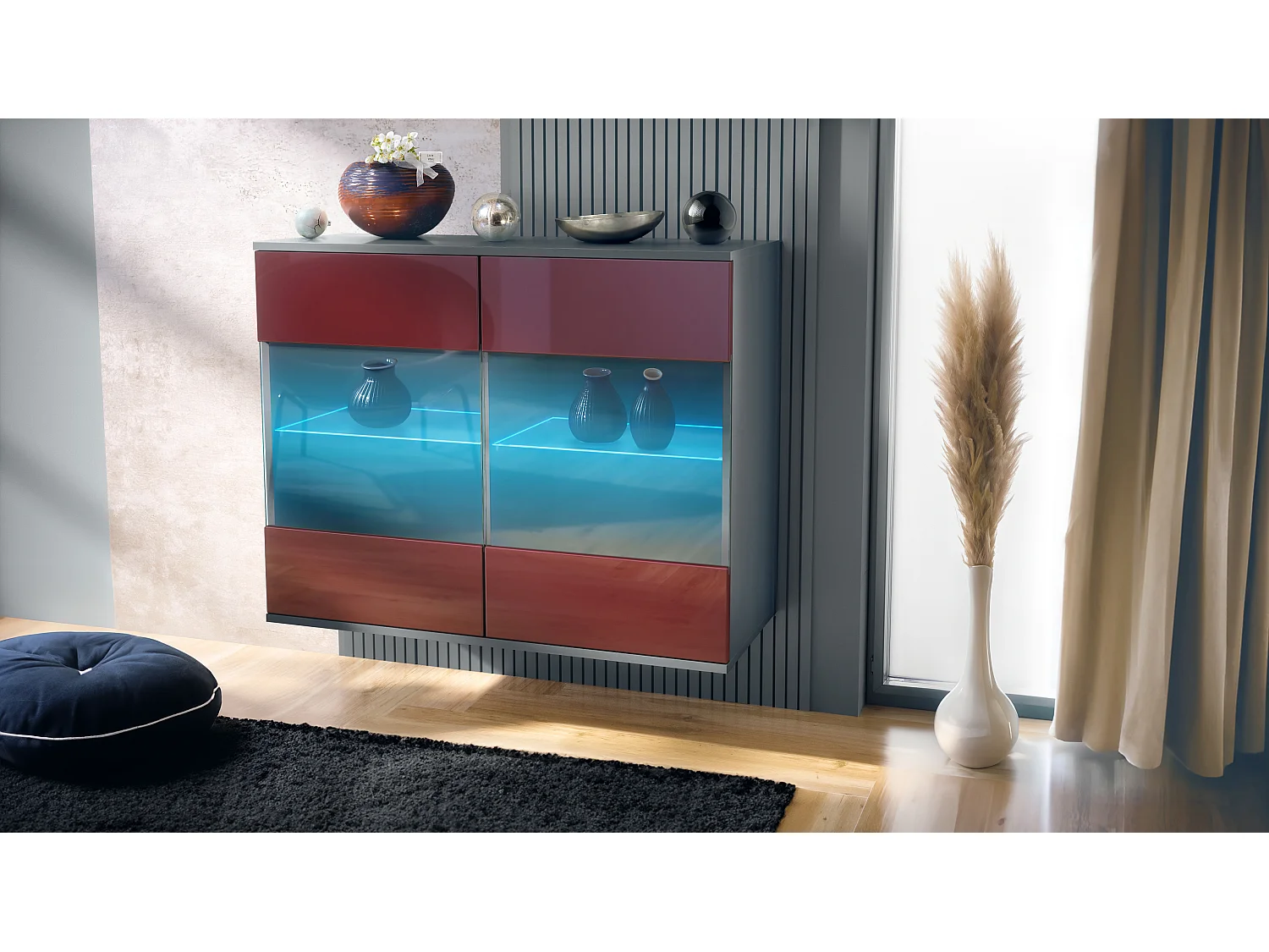 Cómoda Bari V3, Moderno armario de cocina con 2 grandes puertas de cristal incl. iluminación RGB antracita mate / burdeos de alto brillo (92,5 x 73.5 x 35)