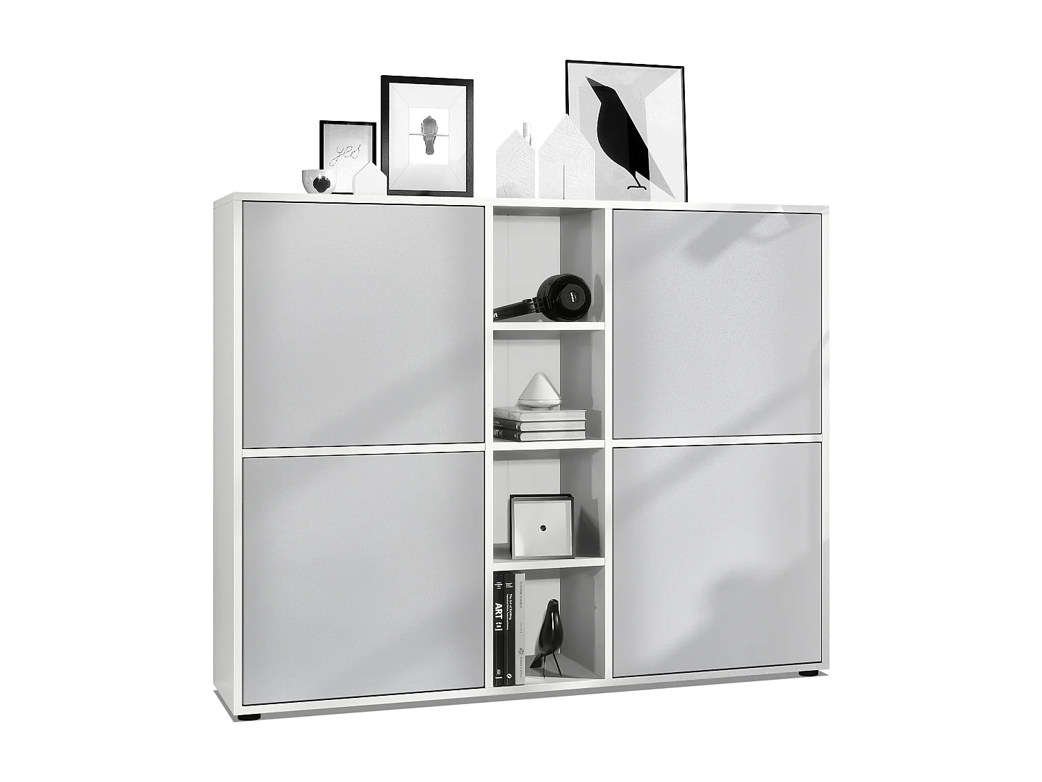 Highboard Cuba V3, blanc mat/gris clair satiné mat - Buffet moderne à 12 compartiments (130,5 x 105,5 x 35,5 cm)