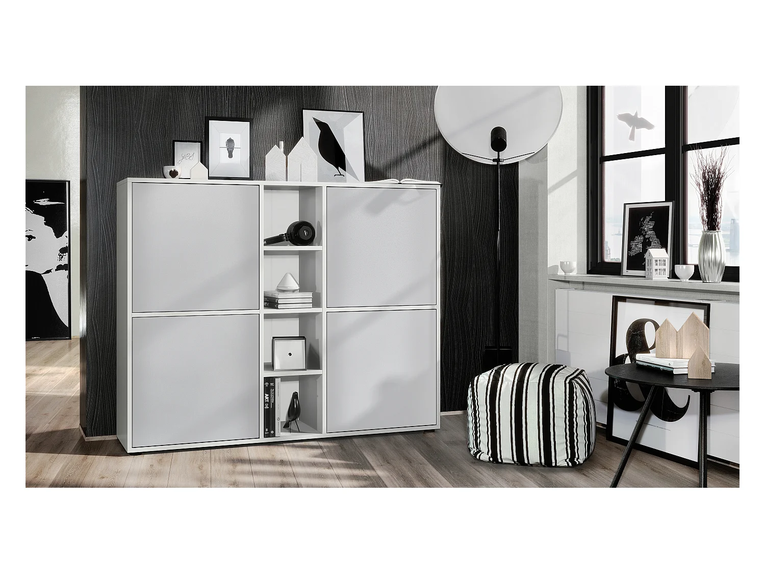 Highboard Cuba V3, blanc mat/gris clair satiné mat - Buffet moderne à 12 compartiments (130,5 x 105,5 x 35,5 cm)