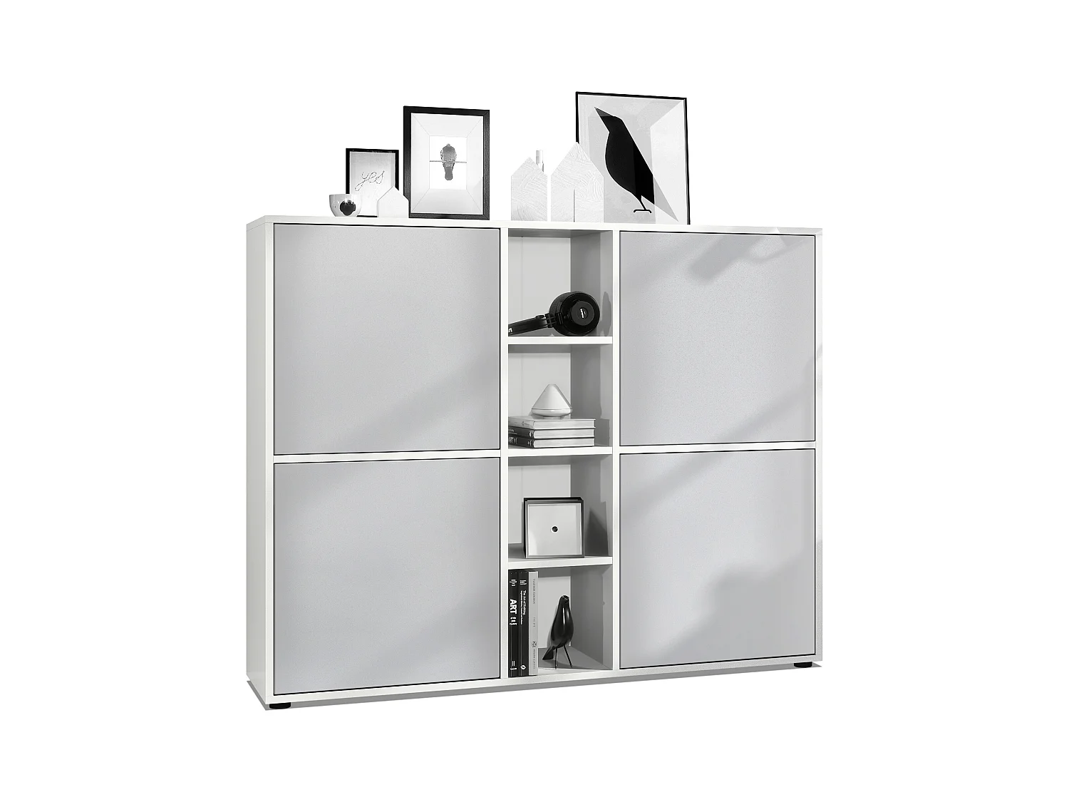 Highboard Cuba V3, blanc mat/gris clair satiné mat - Buffet moderne à 12 compartiments (130,5 x 105,5 x 35,5 cm)