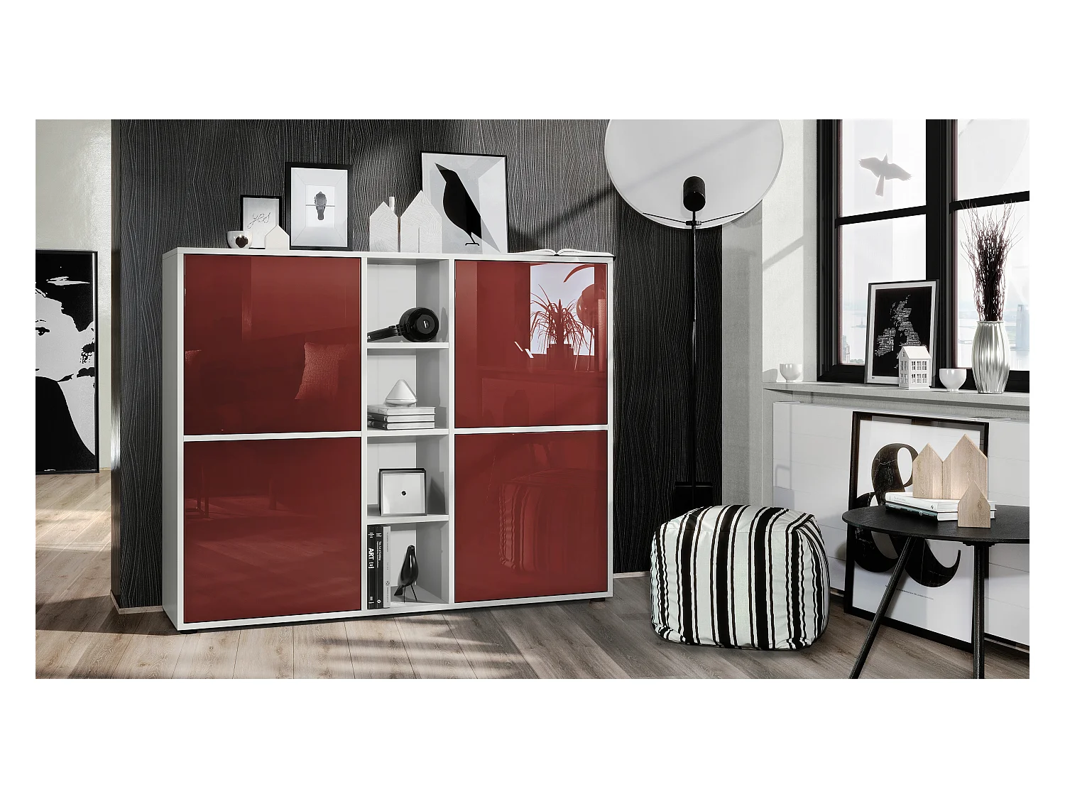 Highboard Cuba V3, blanc mat/bordeaux haute brillance - Buffet moderne à 12 compartiments (130,5 x 105,5 x 35,5 cm)