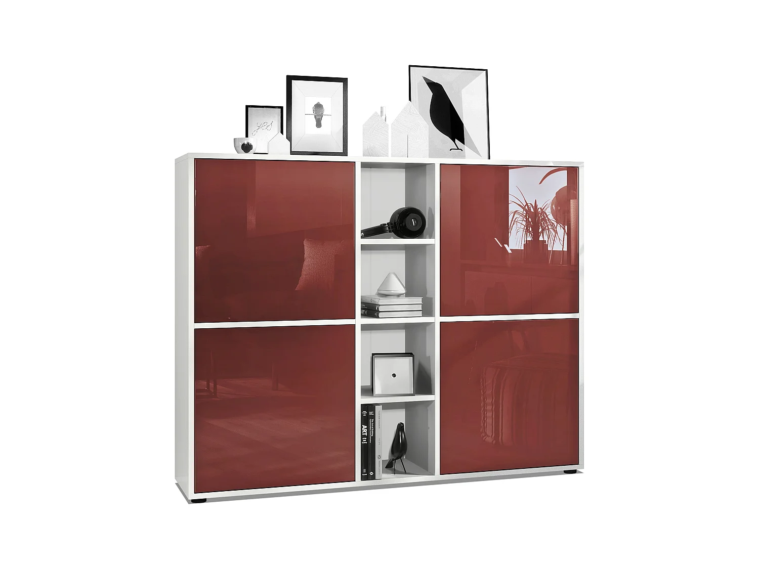 Highboard Cuba V3, blanc mat/bordeaux haute brillance - Buffet moderne à 12 compartiments (130,5 x 105,5 x 35,5 cm)