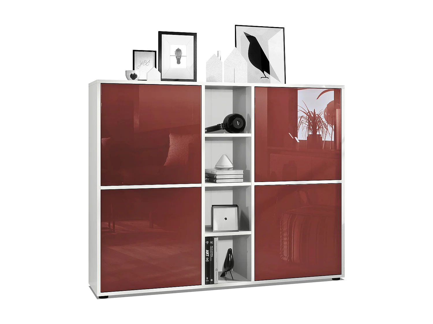 Vladon Credenza Cuba V3, bianco opaco/bordeaux lucido - Credenza moderna con 12 scomparti (130,5 x 105,5 x 35,5 cm)