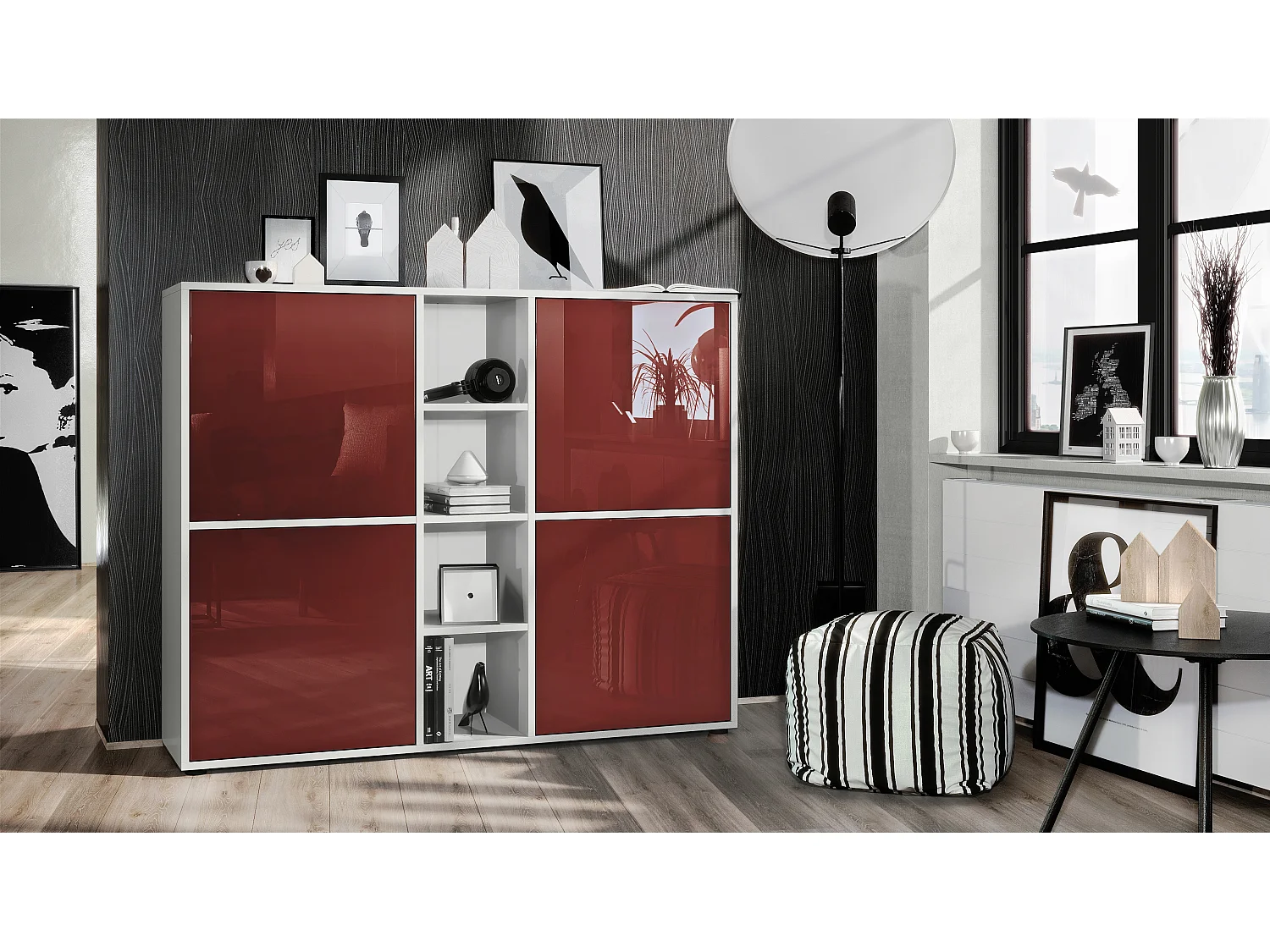 Vladon Credenza Cuba V3, bianco opaco/bordeaux lucido - Credenza moderna con 12 scomparti (130,5 x 105,5 x 35,5 cm)