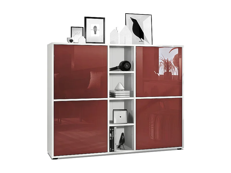 Highboard Cuba V3, blanc mat/bordeaux haute brillance - Buffet moderne à 12 compartiments (130,5 x 105,5 x 35,5 cm)