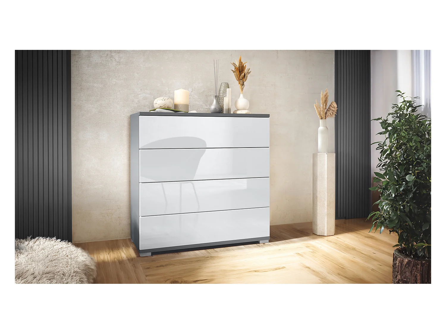 Commode  Pavos V3, Buffet avec 4 tiroirs anthracite mat/blanc haute brillance (76 x 76 x 35 cm)