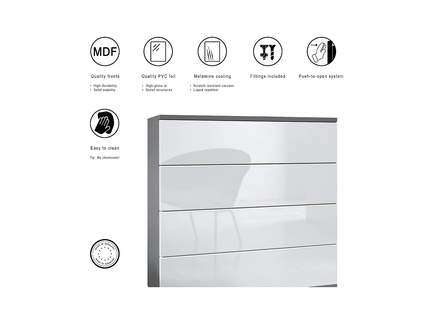 Commode  Pavos V3, Buffet avec 4 tiroirs anthracite mat/blanc haute brillance (76 x 76 x 35 cm)