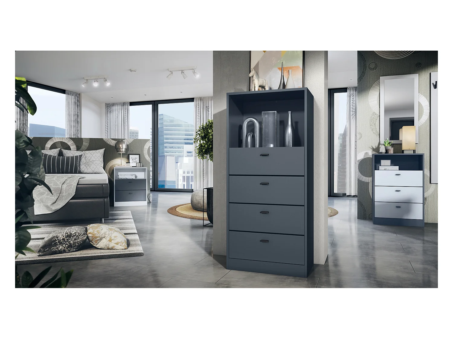 Commode Buffet Pino V3, avec 4 tiroirs & 1 compartiment ouvert, Anthracite mat/undefined sans LED (56 x 125 x 36 cm)