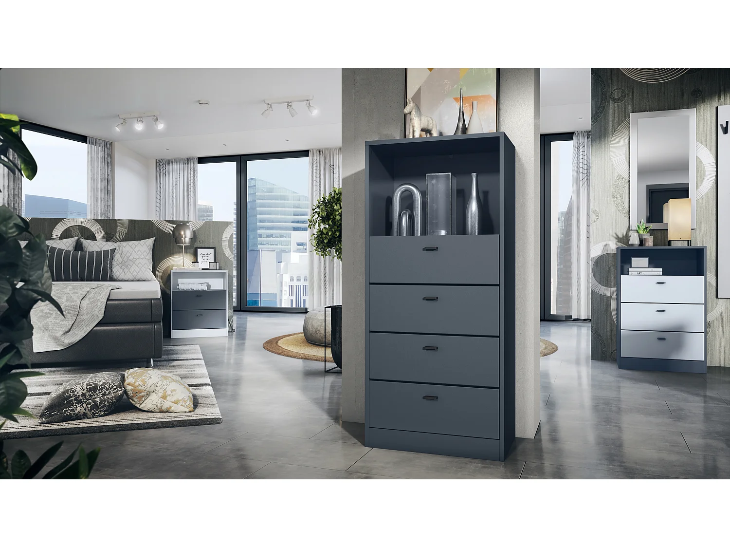 Cassettiera Pino V3, Credenza con 4 cassetti e 1 vano a giorno, antracite/indefinito senza LED (56 x 125 x 36 cm)