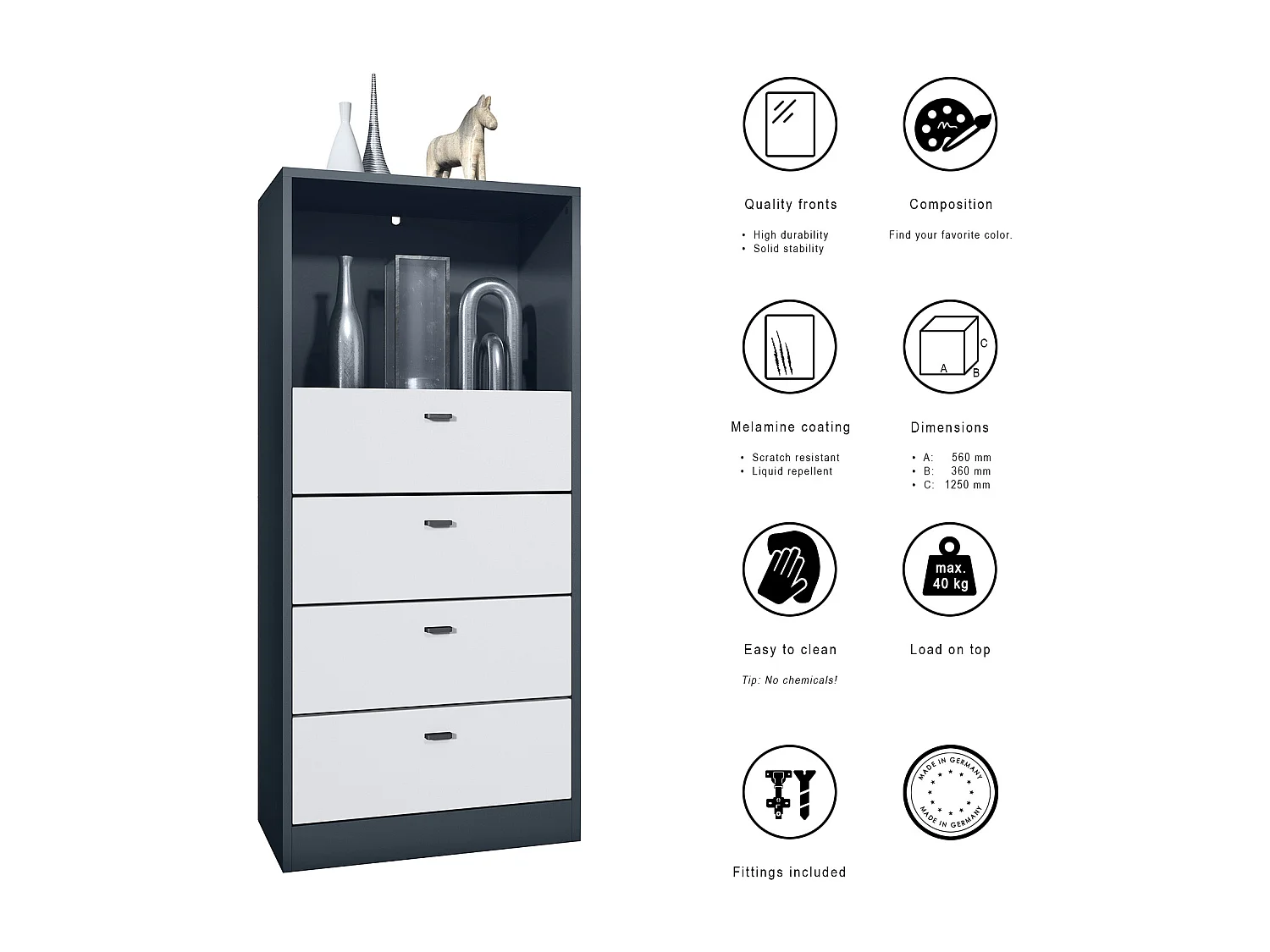 Cassettiera Pino V3, Credenza con 4 cassetti e 1 vano a giorno, antracite/indefinito senza LED (56 x 125 x 36 cm)