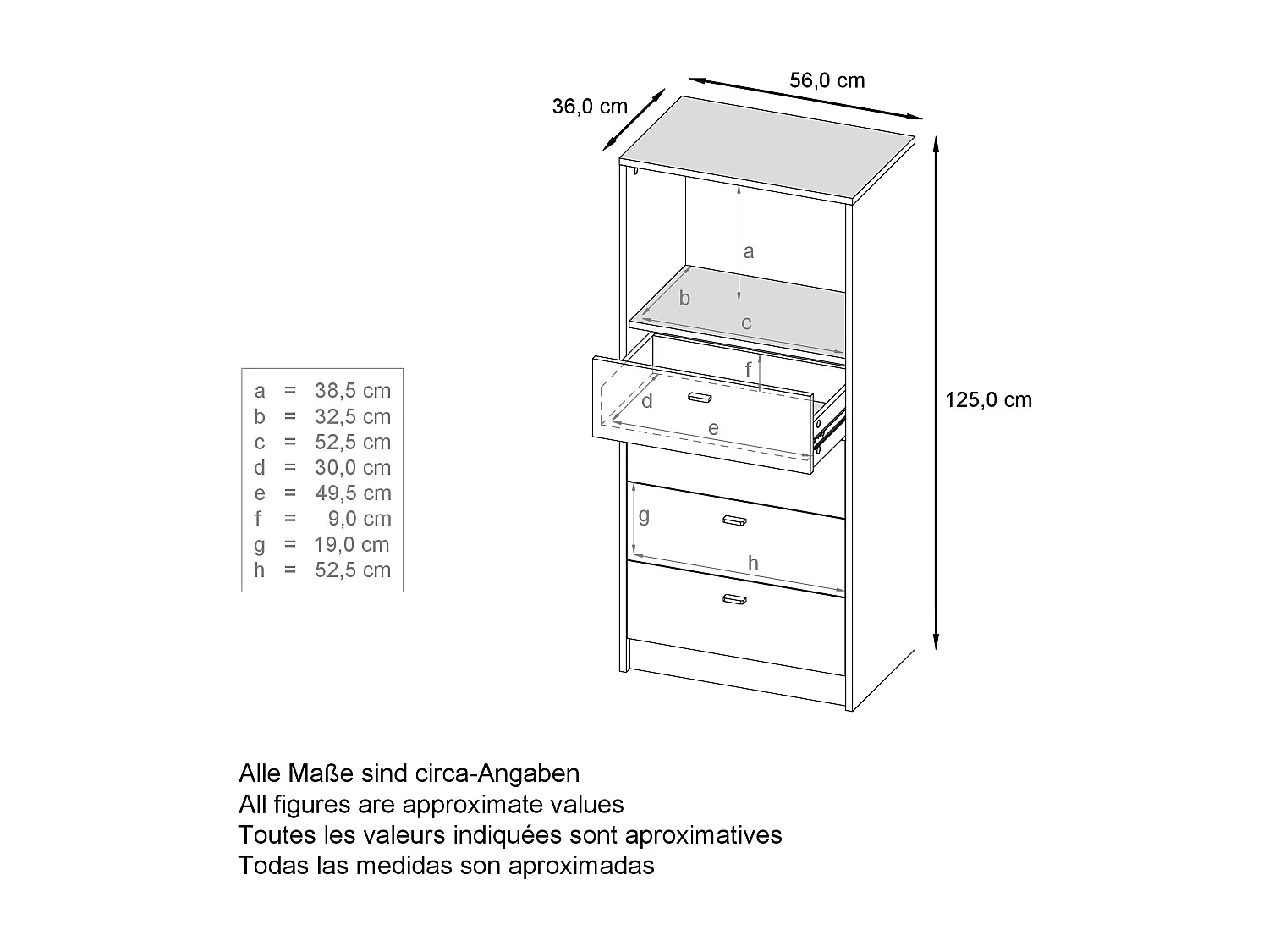 Cassettiera Pino V3, Credenza con 4 cassetti e 1 vano a giorno, antracite/indefinito senza LED (56 x 125 x 36 cm)