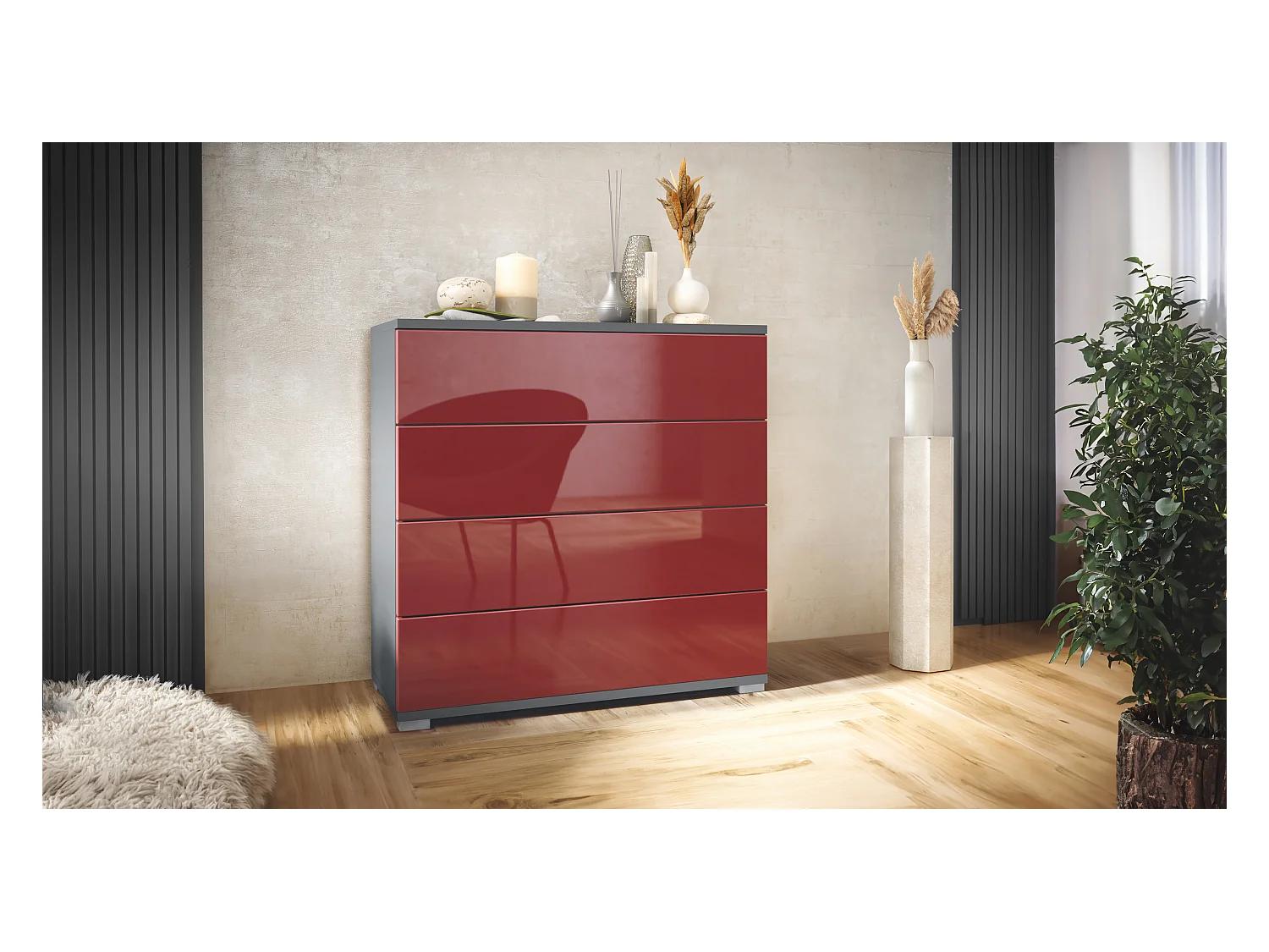 Commode  Pavos V3, Buffet avec 4 tiroirs anthracite mat/bordeaux haute brillance (76 x 76 x 35 cm)