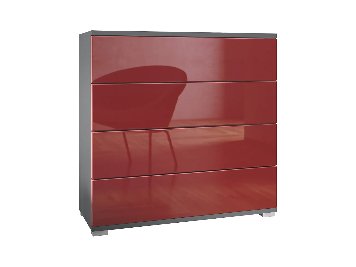 Commode  Pavos V3, Buffet avec 4 tiroirs anthracite mat/bordeaux haute brillance (76 x 76 x 35 cm)