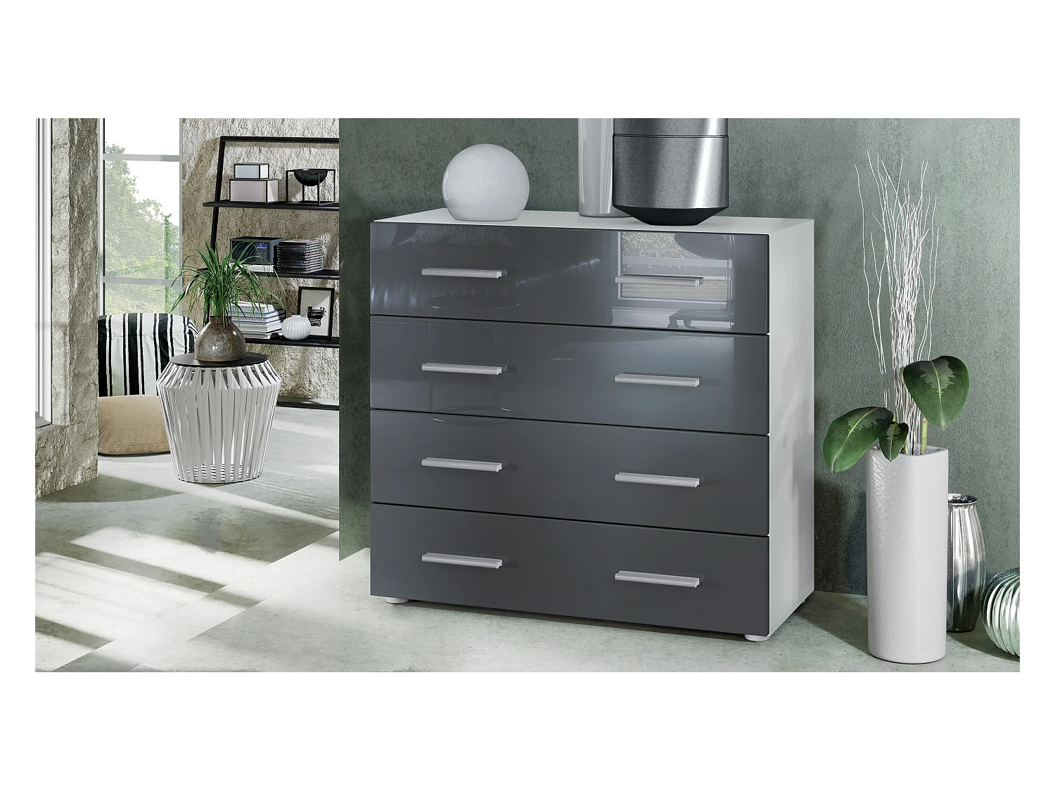 Buffet Pavos, Commode avec 4 tiroirs, blanc mat/gris haute brillance (76 x 72 x 35 cm)