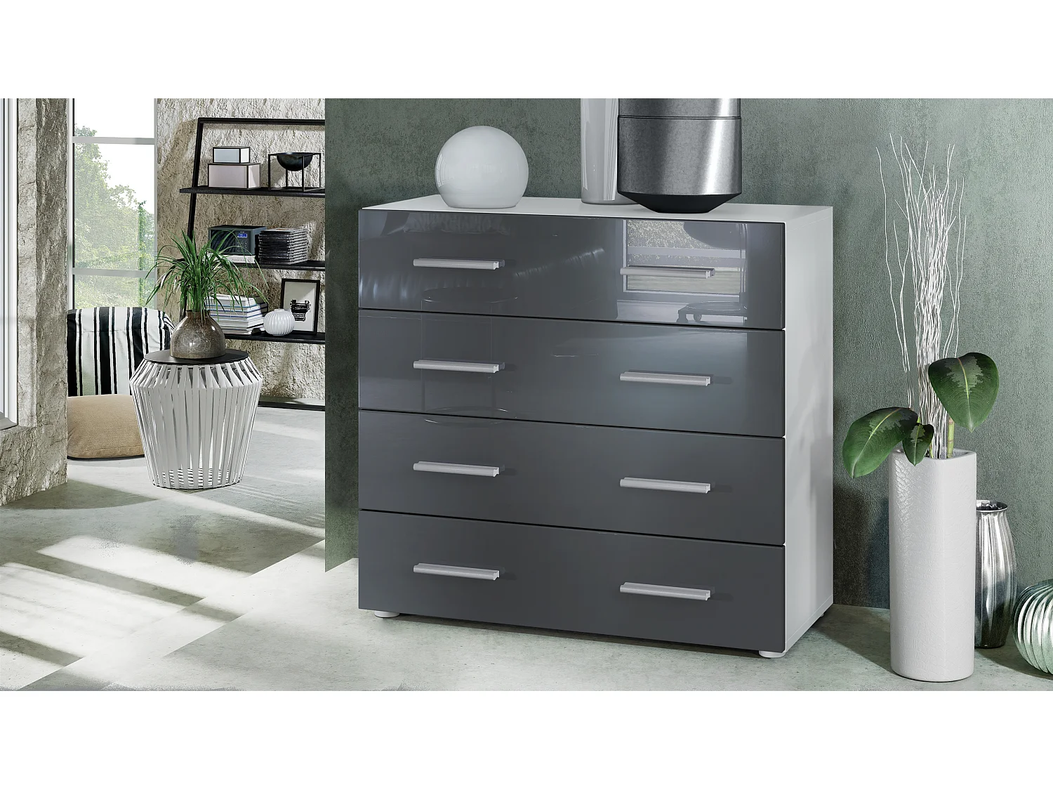 Vladon Madia Pavos, mobile con 4 cassetti, bianco opaco/grigio lucido (76 x 72 x 35 cm)