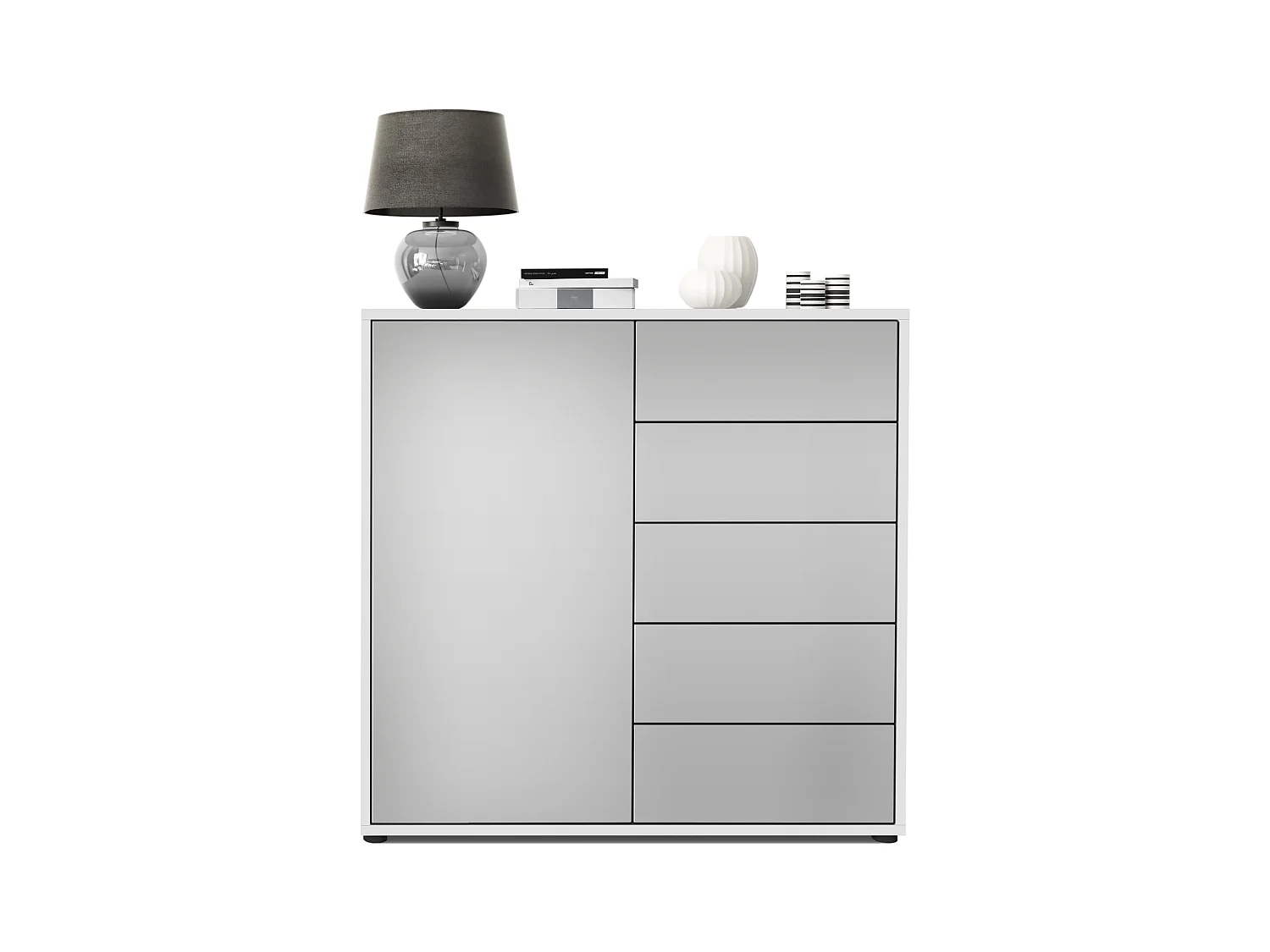 Buffet Ben V2, Commode avec 1 portes et 5 tiroirs, Blanc mat/Gris clair satiné mat (79 x 74 x 36 cm)