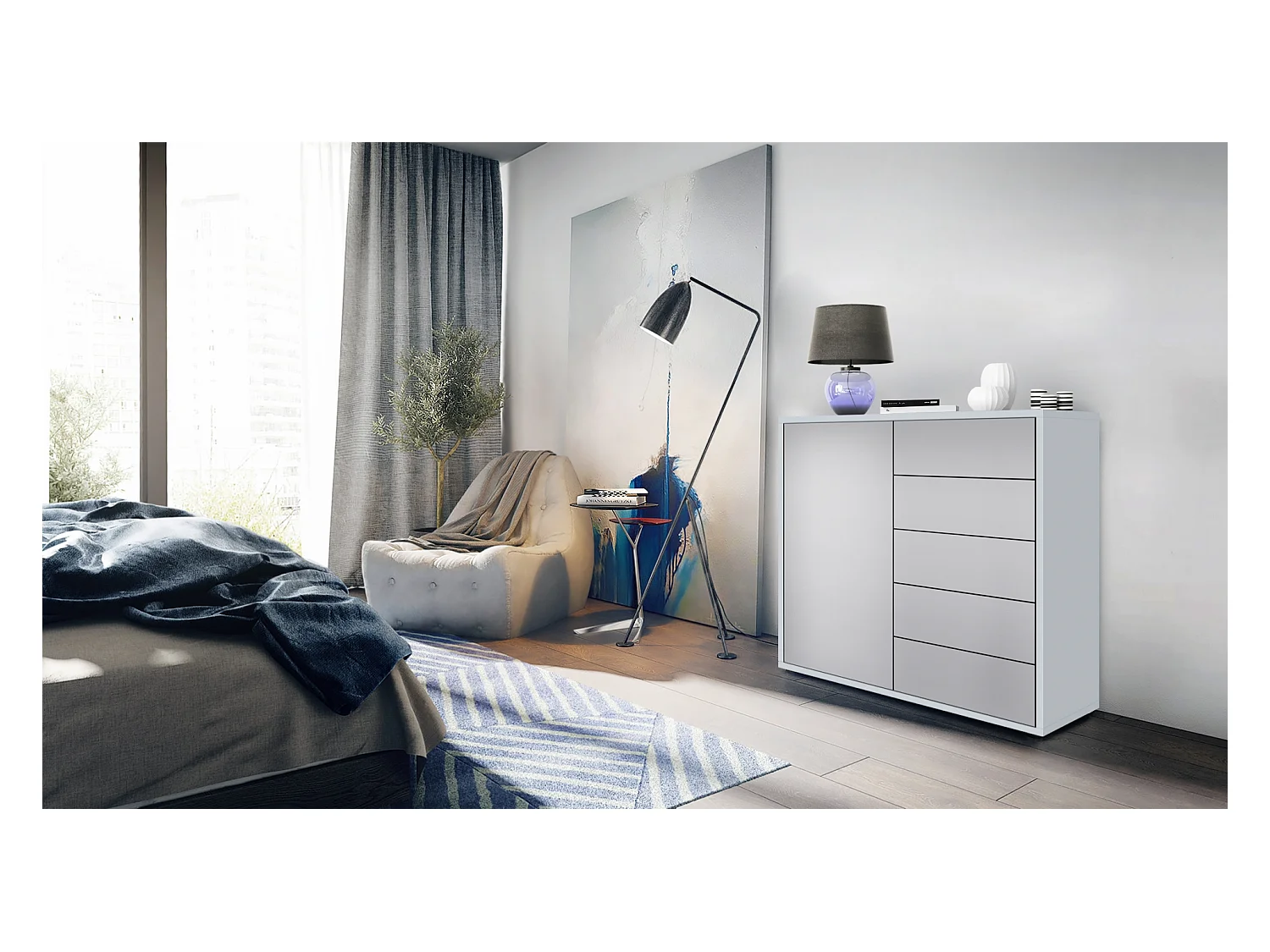 Buffet Ben V2, Commode avec 1 portes et 5 tiroirs, Blanc mat/Gris clair satiné mat (79 x 74 x 36 cm)