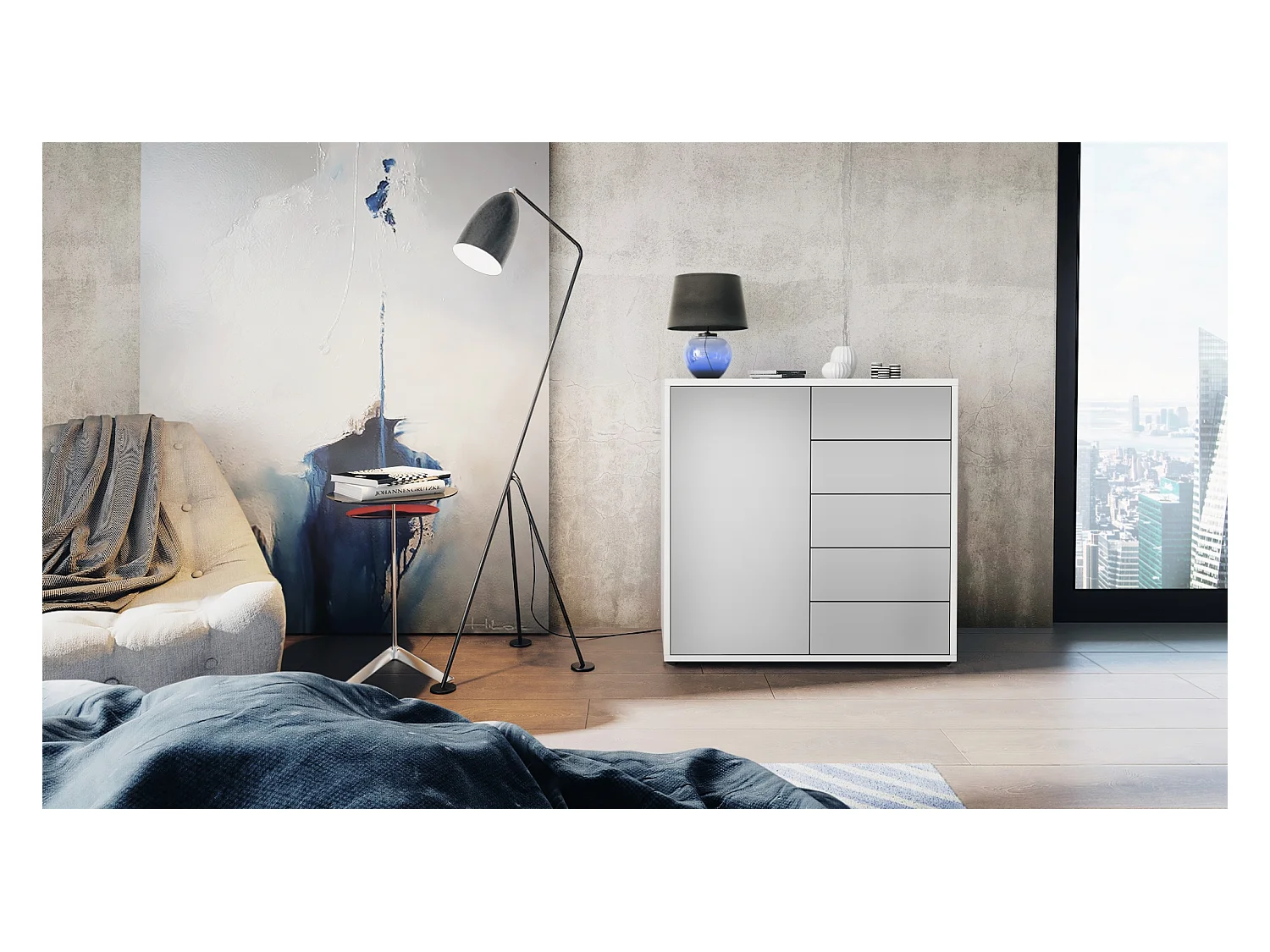 Buffet Ben V2, Commode avec 1 portes et 5 tiroirs, Blanc mat/Gris clair satiné mat (79 x 74 x 36 cm)