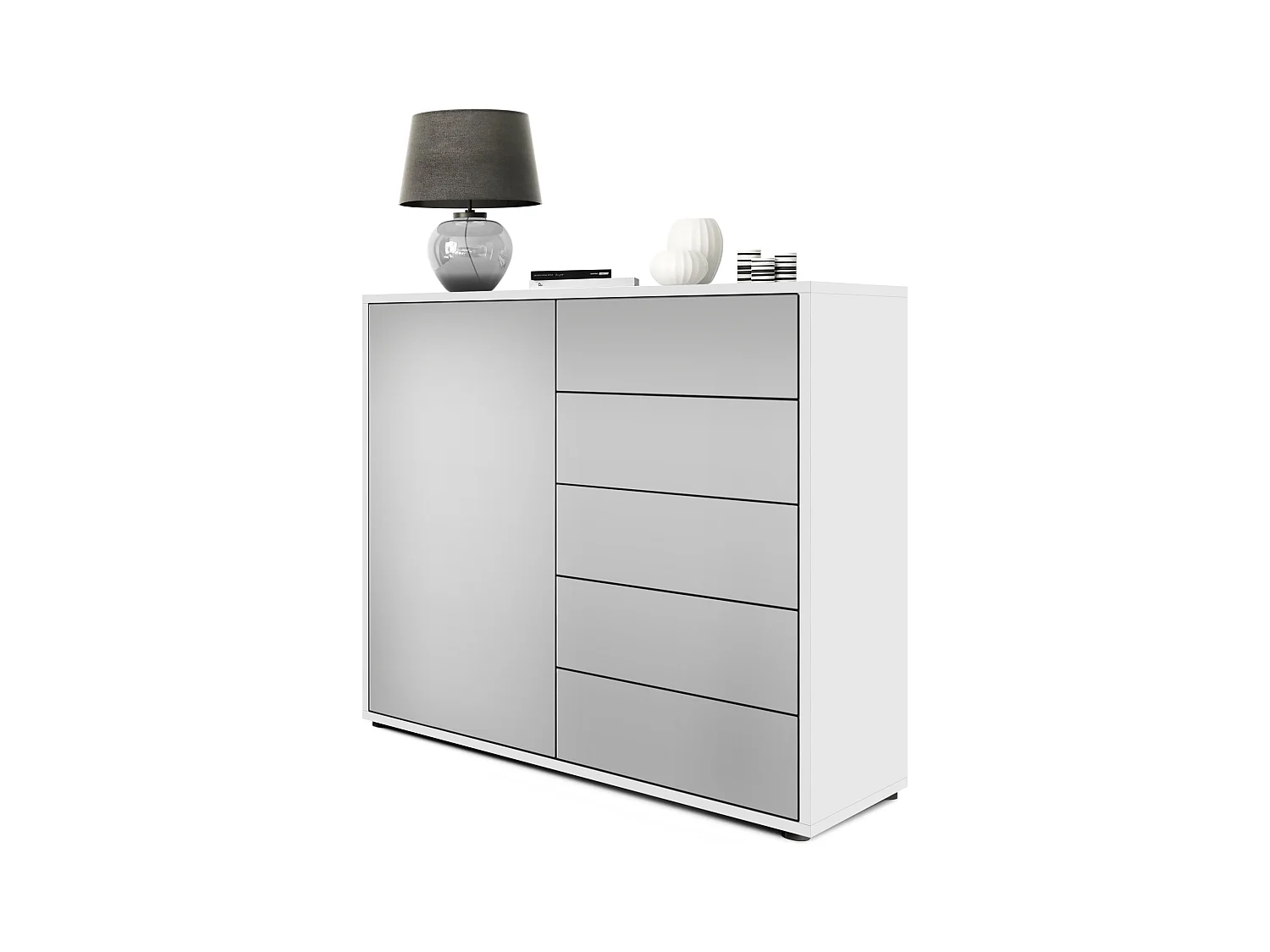 Buffet Ben V2, Commode avec 1 portes et 5 tiroirs, Blanc mat/Gris clair satiné mat (79 x 74 x 36 cm)