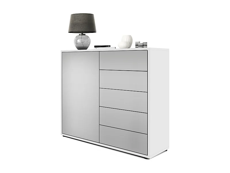 Buffet Ben V2, Commode avec 1 portes et 5 tiroirs, Blanc mat/Gris clair satiné mat (79 x 74 x 36 cm)
