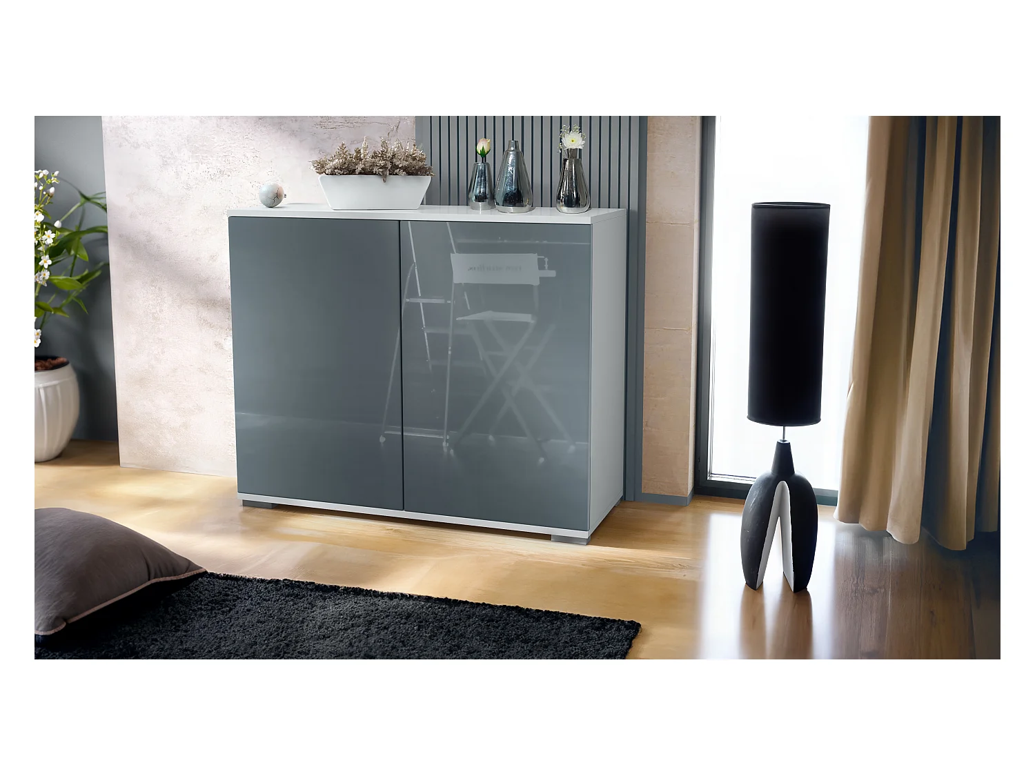 Aparador Skadu V3, Armario de Cocina Moderno con 2 Puertas Grandes blanco mate / gris de alto brillo (92,5 x 75.5 x 35)