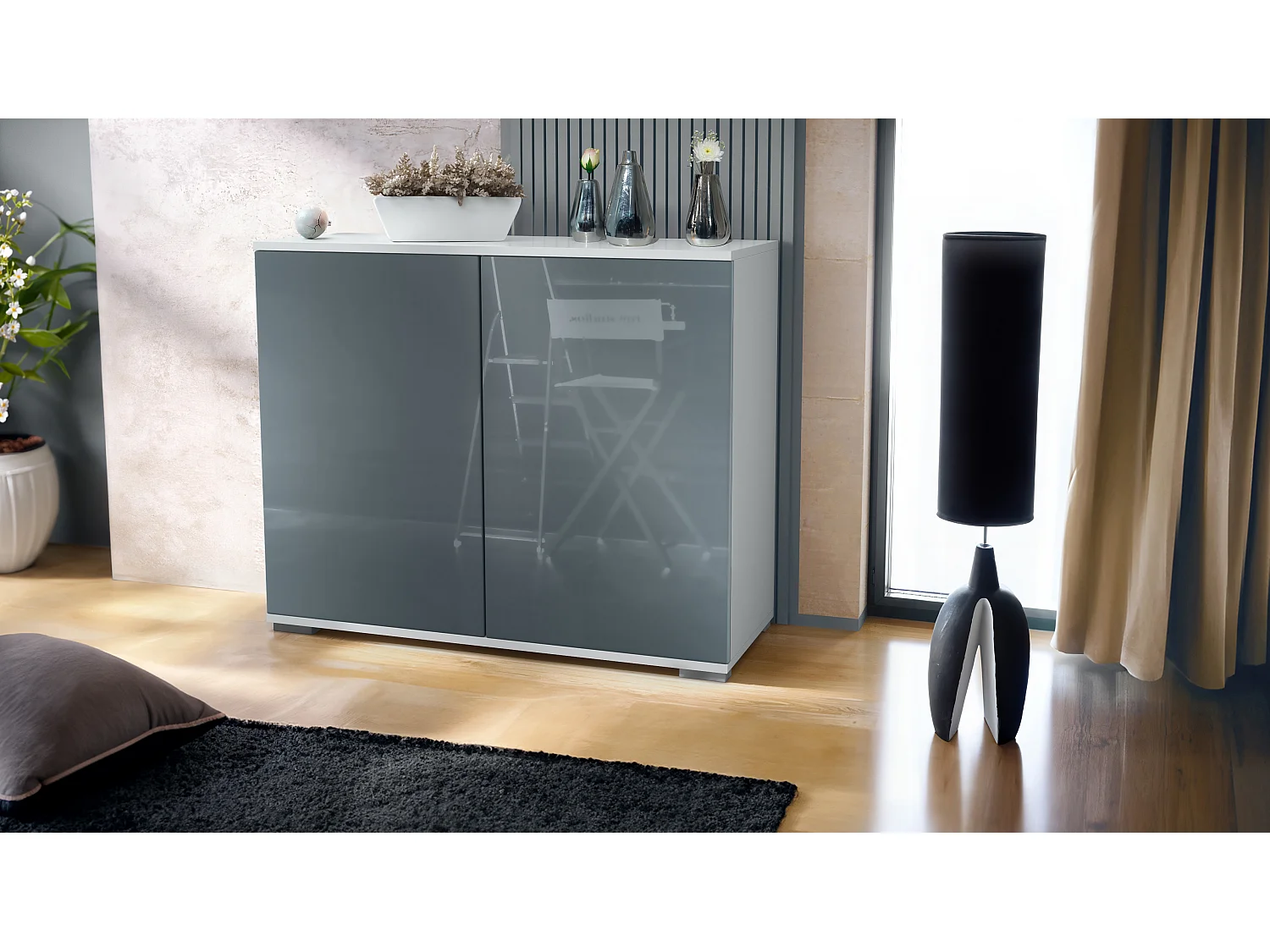 Commode Skadu V3, Buffet de Cuisine Moderne avec 2 Grandes Portes blanc mat / gris haute brillance (92,5 x 75.5 x 35)