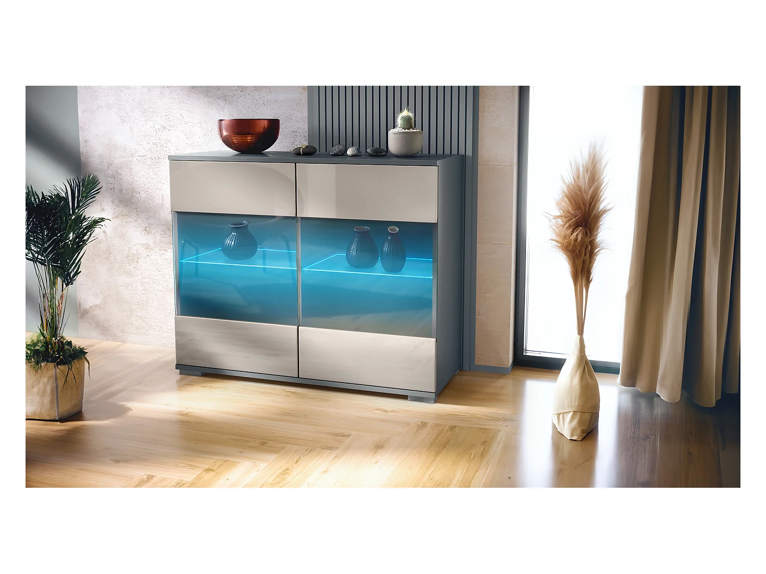 Commode Bari V3, Armoire de cuisine moderne avec 2 grandes portes vitrées incl. éclairage RGB anthracite mat / gris sable haute brillance (92,5 x 75.5 x 35)