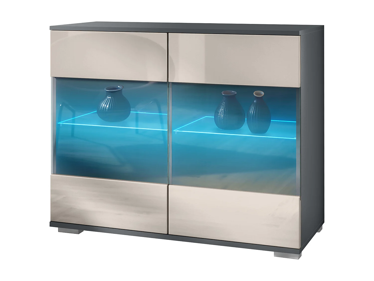 Cómoda Bari V3, Moderno armario de cocina con 2 grandes puertas de cristal incl. iluminación RGB antracita mate / gris arena de alto brillo (92,5 x 75.5 x 35)