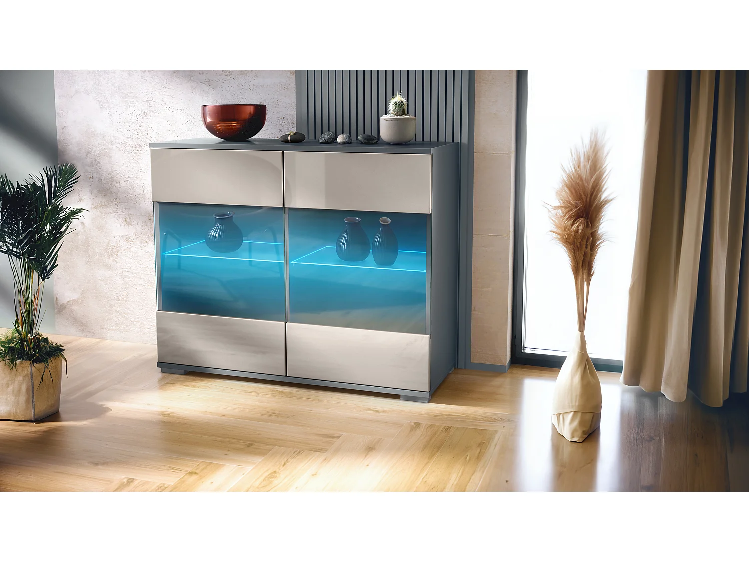 Cómoda Bari V3, Moderno armario de cocina con 2 grandes puertas de cristal incl. iluminación RGB antracita mate / gris arena de alto brillo (92,5 x 75.5 x 35)