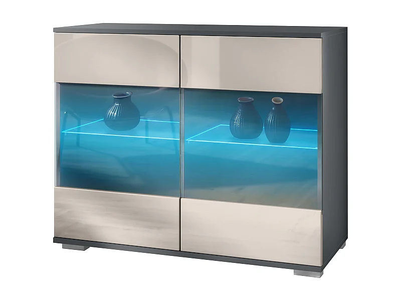 Cassettiera Bari V3, Mobile da cucina moderno con 2 grandi ante in vetro incl. illuminazione RGB antracite opaco  / grigio sabbia lucido (92,5 x 75.5 x 35)