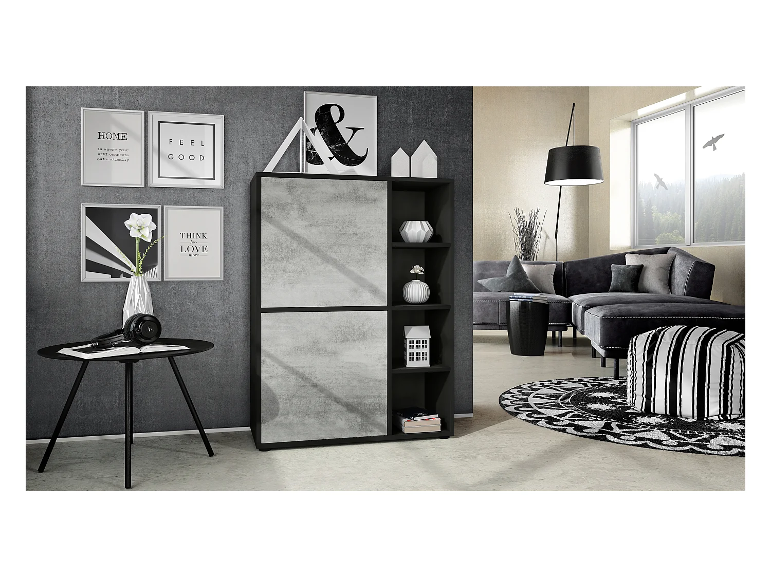 Buffet haut Cuba avec 8 compartiments, caisson en noir mat / Façades en Aspect Béton Oxyde