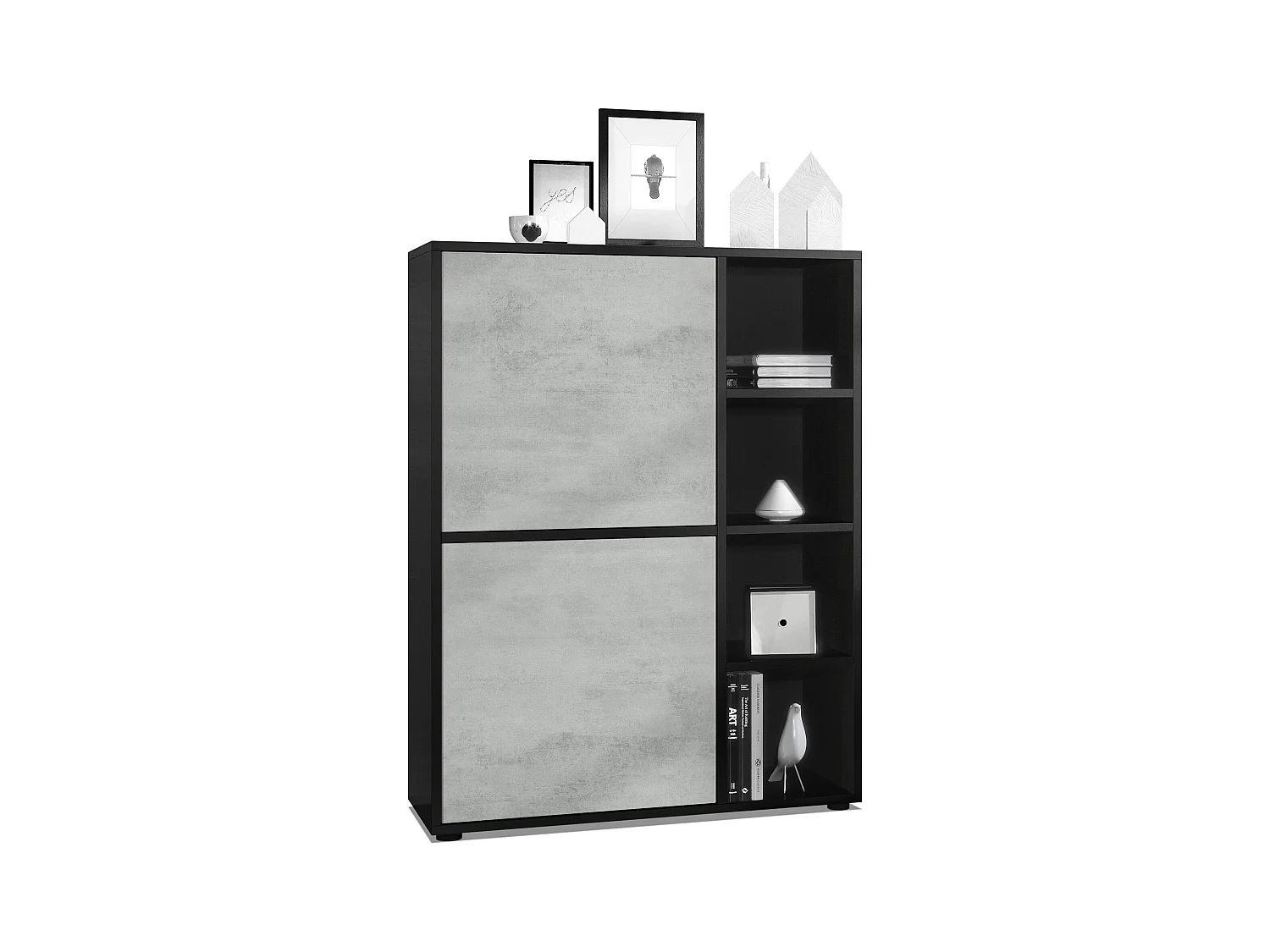 Buffet haut Cuba avec 8 compartiments, caisson en noir mat / Façades en Aspect Béton Oxyde