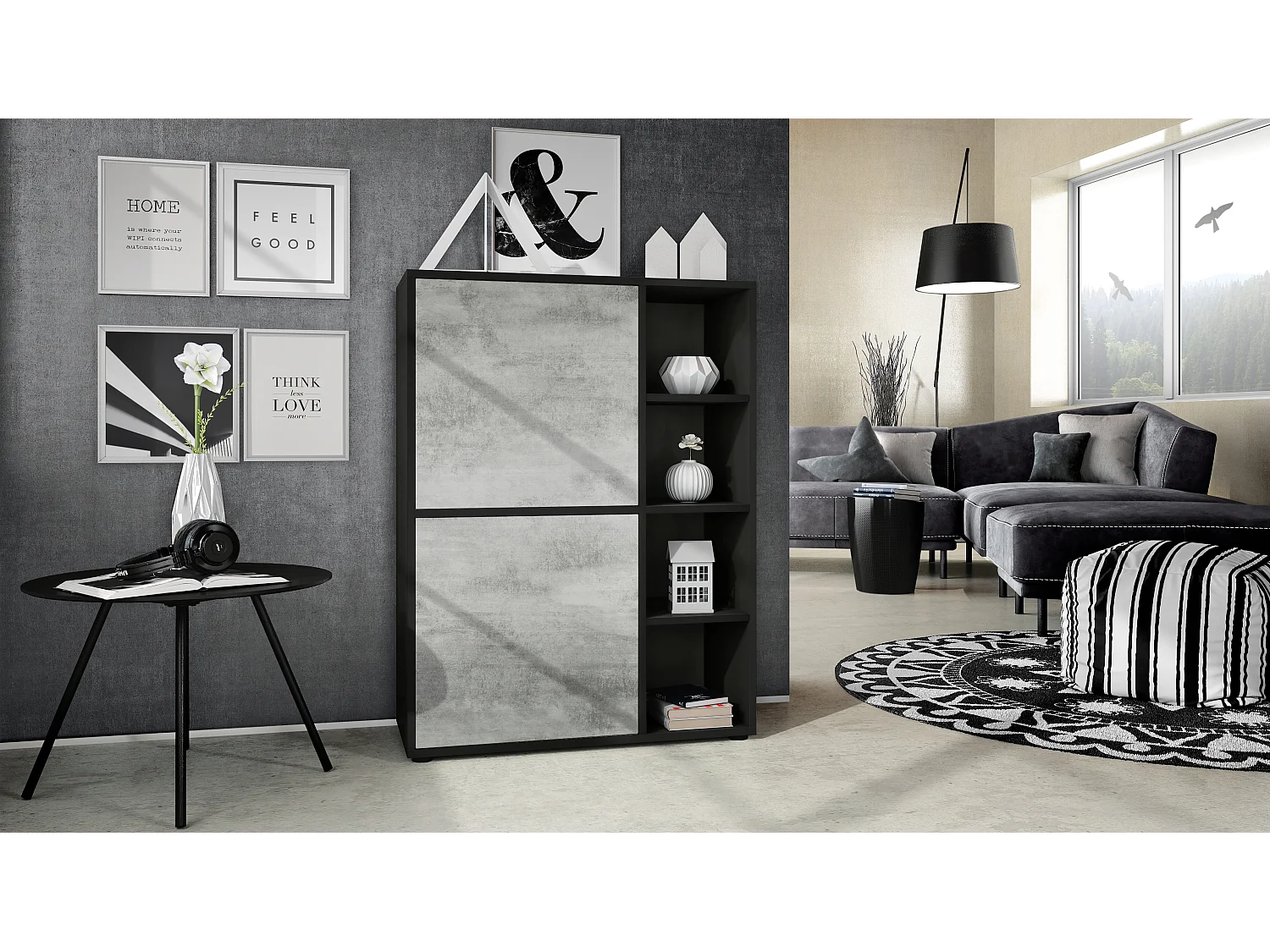 Credenza  Cuba 79 x 105,5 x 35,5 cm Credenza con 8 ripiani, Struttura in nero opaco / Ante in grigio ossido cemento
