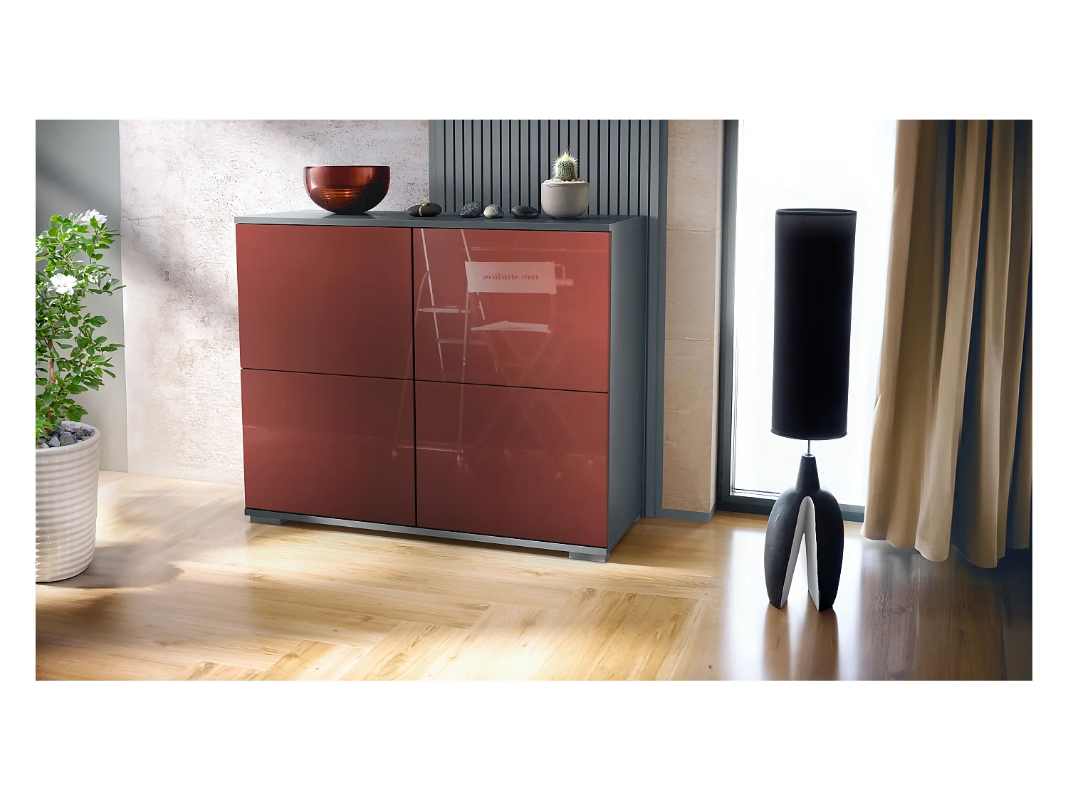 Buffet Rova V3 – Meuble de cuisine moderne avec 4 portes Push-to-Open anthracite mat / bordeaux haute brillance (92,5 x 75.5 x 35)