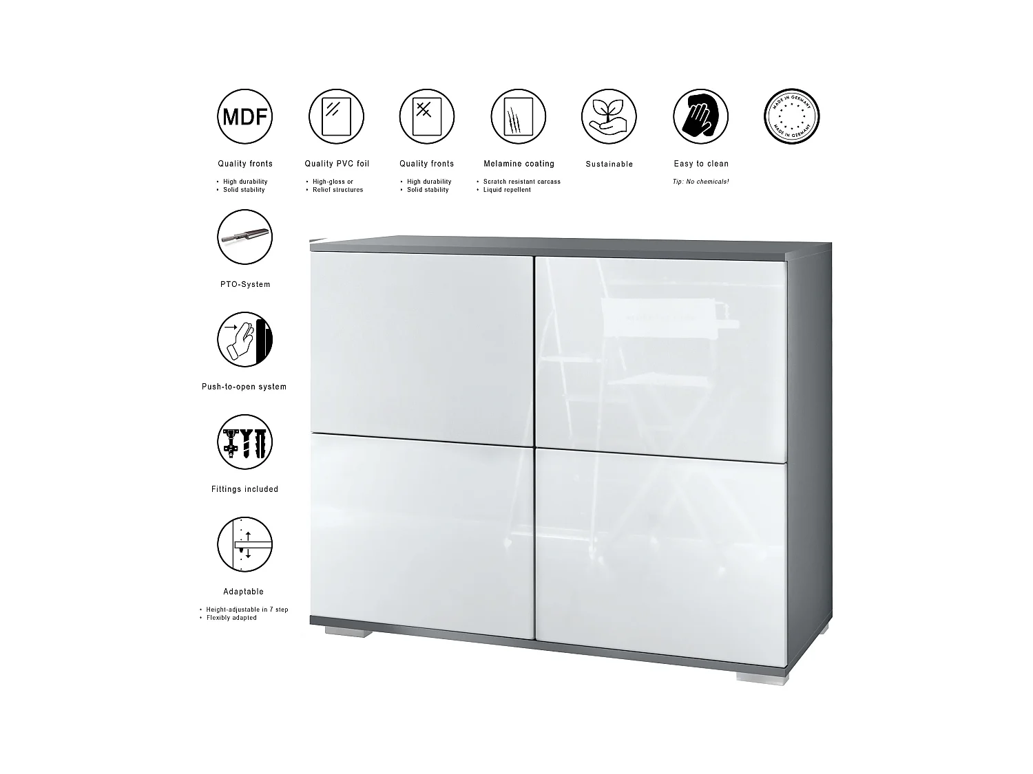 Buffet Rova V3 – Meuble de cuisine moderne avec 4 portes Push-to-Open anthracite mat / bordeaux haute brillance (92,5 x 75.5 x 35)