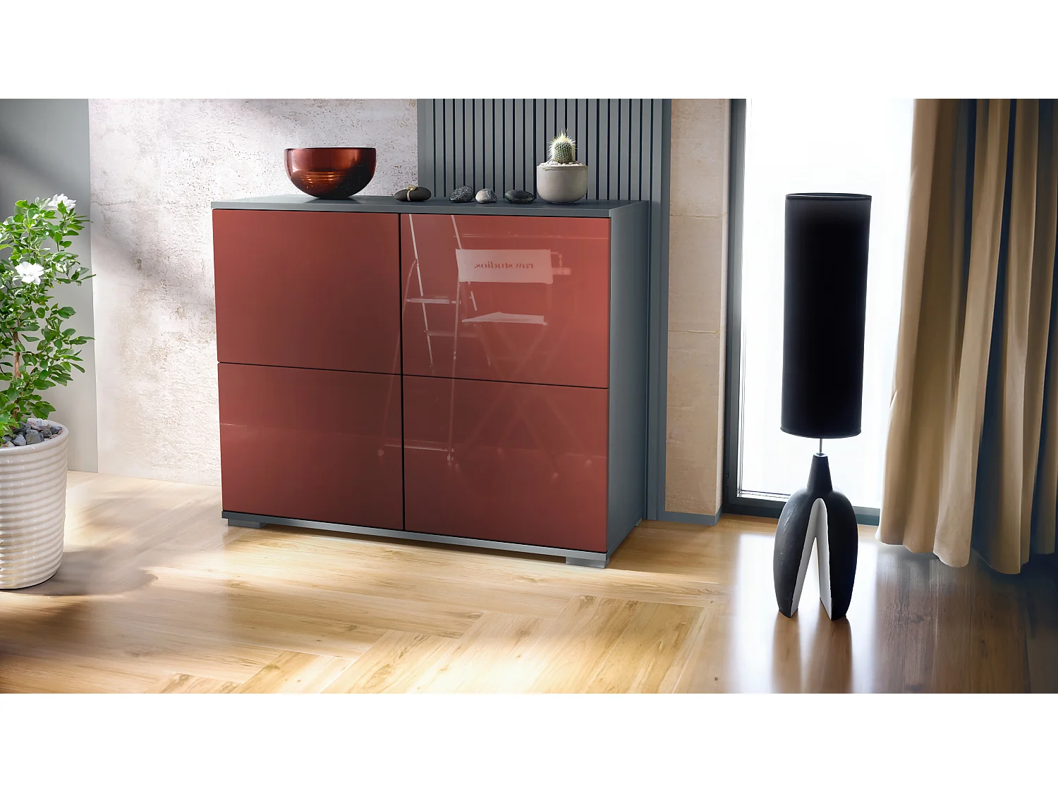 Credenza Rova V3 – Mobile da cucina moderno con 4 ante Push-to-Open antracite opaco  / bordeaux lucido (92,5 x 75.5 x 35)