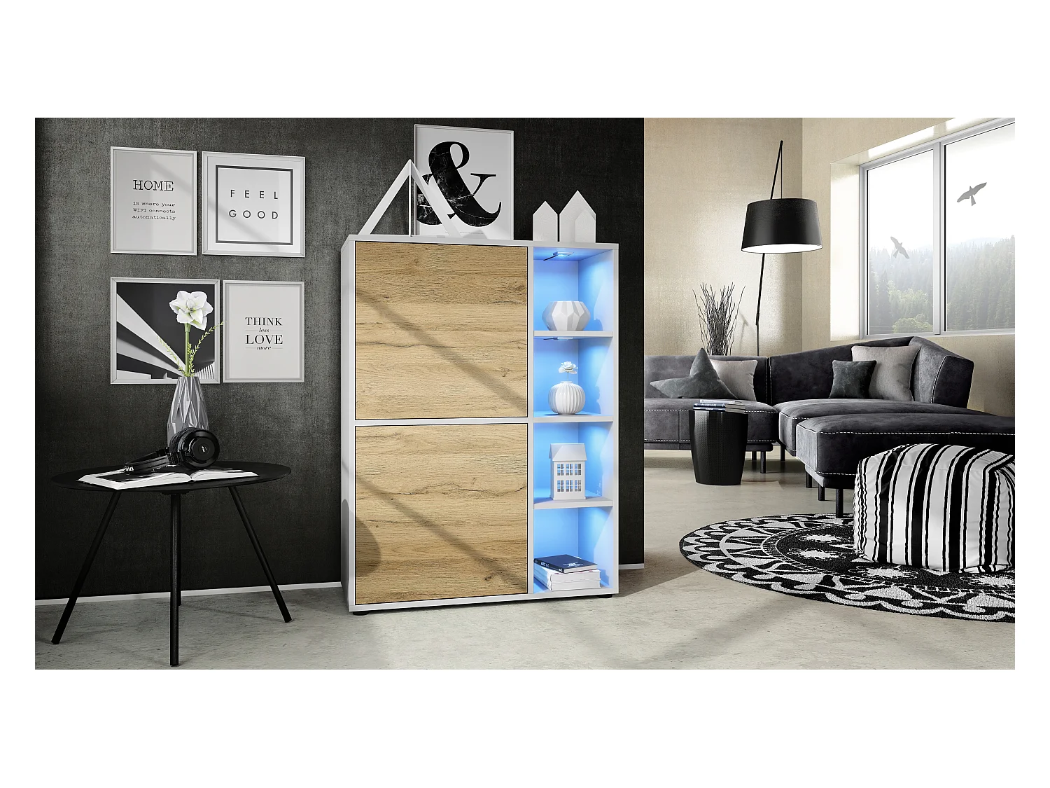 Buffet haut Cuba avec 8 compartiments, caisson en blanc mat / Façades en Chêne Nature avec éclairage LED RGB