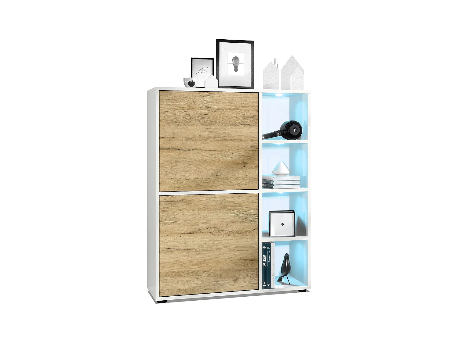 Buffet haut Cuba avec 8 compartiments, caisson en blanc mat / Façades en Chêne Nature avec éclairage LED RGB