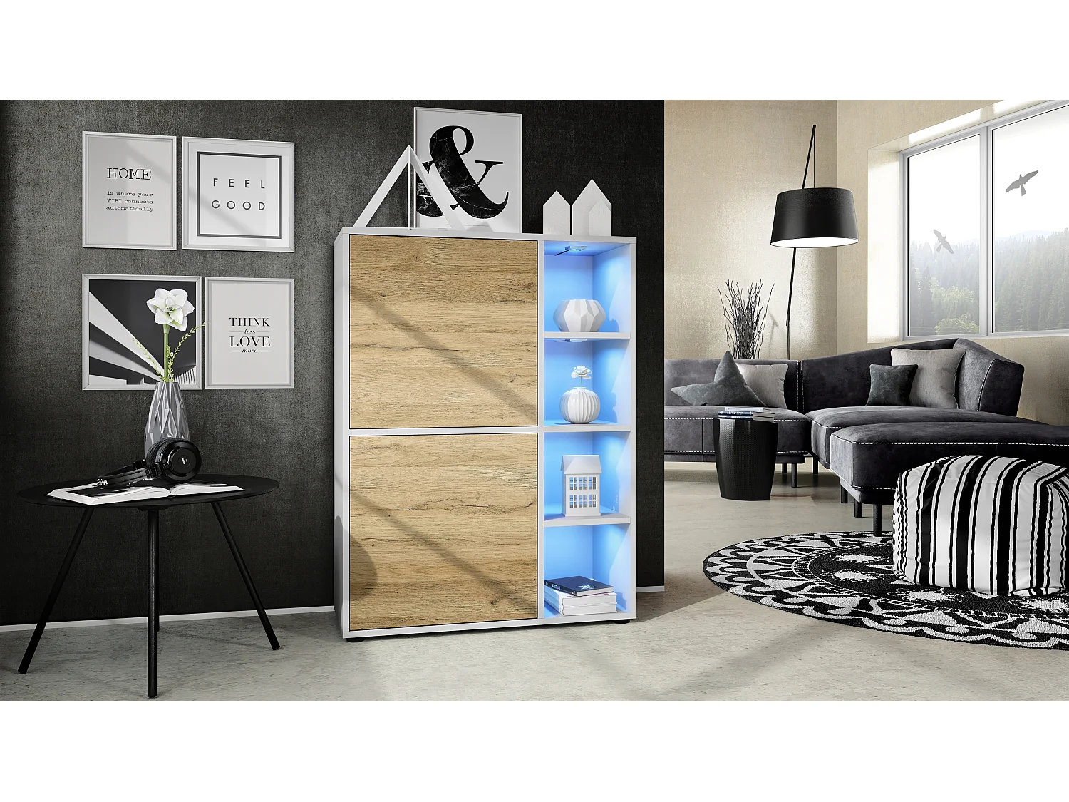 Credenza  Cuba 79 x 105,5 x 35,5 cm Credenza con 8 ripiani, struttura in bianco opaco / ante in rovere naturale con illuminazione LED RGB