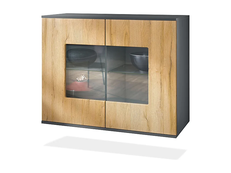 Commode Grömitz V3, Armoire de cuisine moderne avec 2 grandes portes vitrées anthracite mat / chêne nature (92,5 x 73.5 x 35)