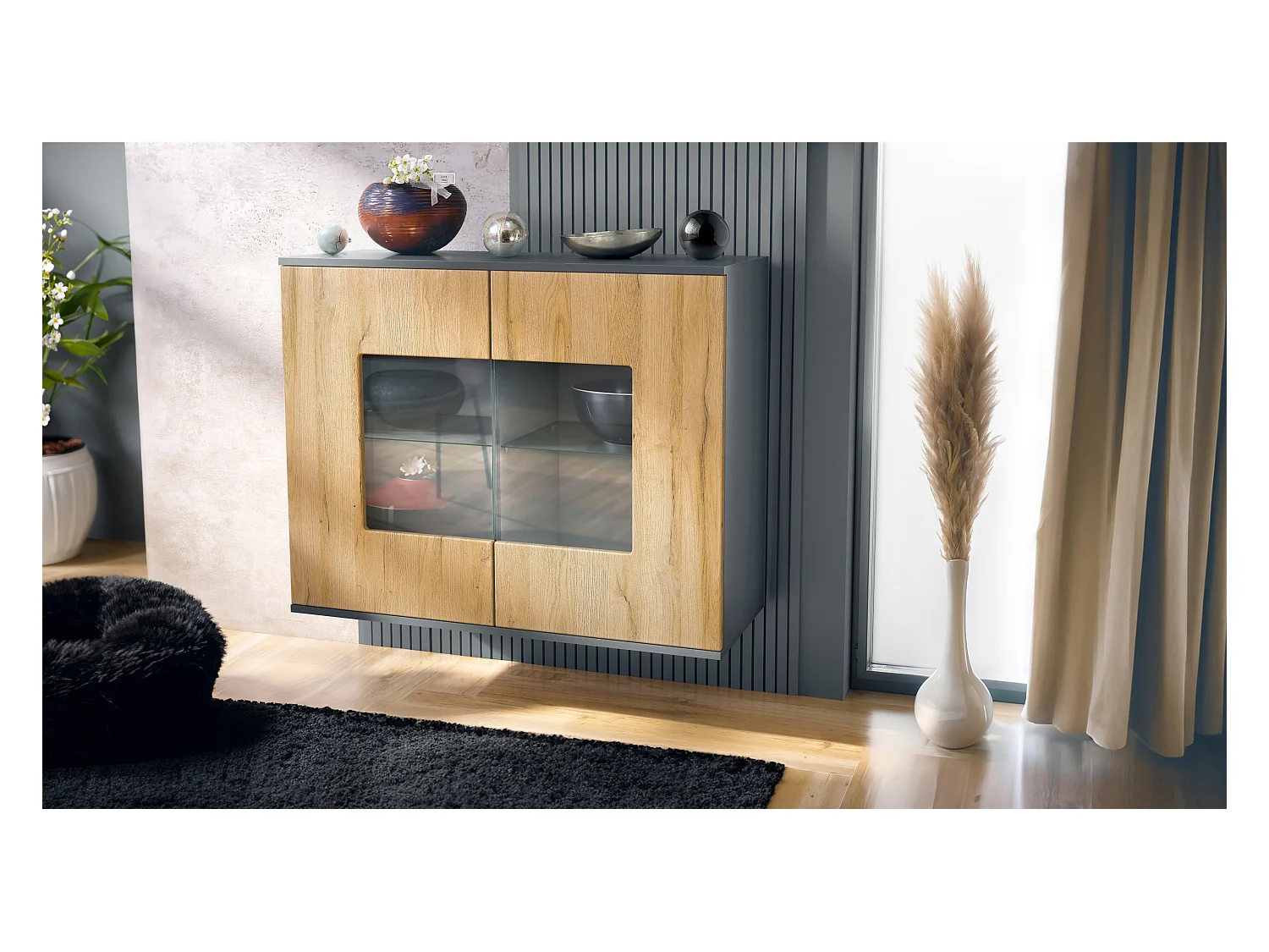 Commode Grömitz V3, Armoire de cuisine moderne avec 2 grandes portes vitrées anthracite mat / chêne nature (92,5 x 73.5 x 35)