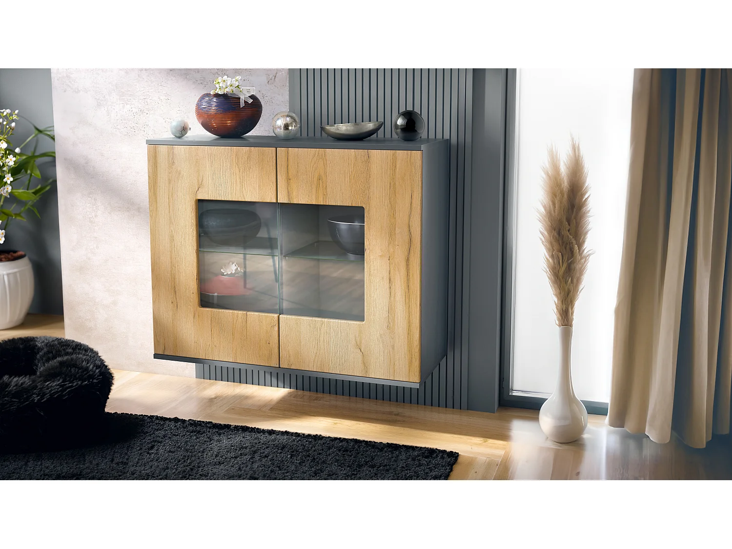 Cómoda Grömitz V3, Moderno armario de cocina con 2 grandes puertas de cristal antracita mate / roble natural (92,5 x 73.5 x 35)